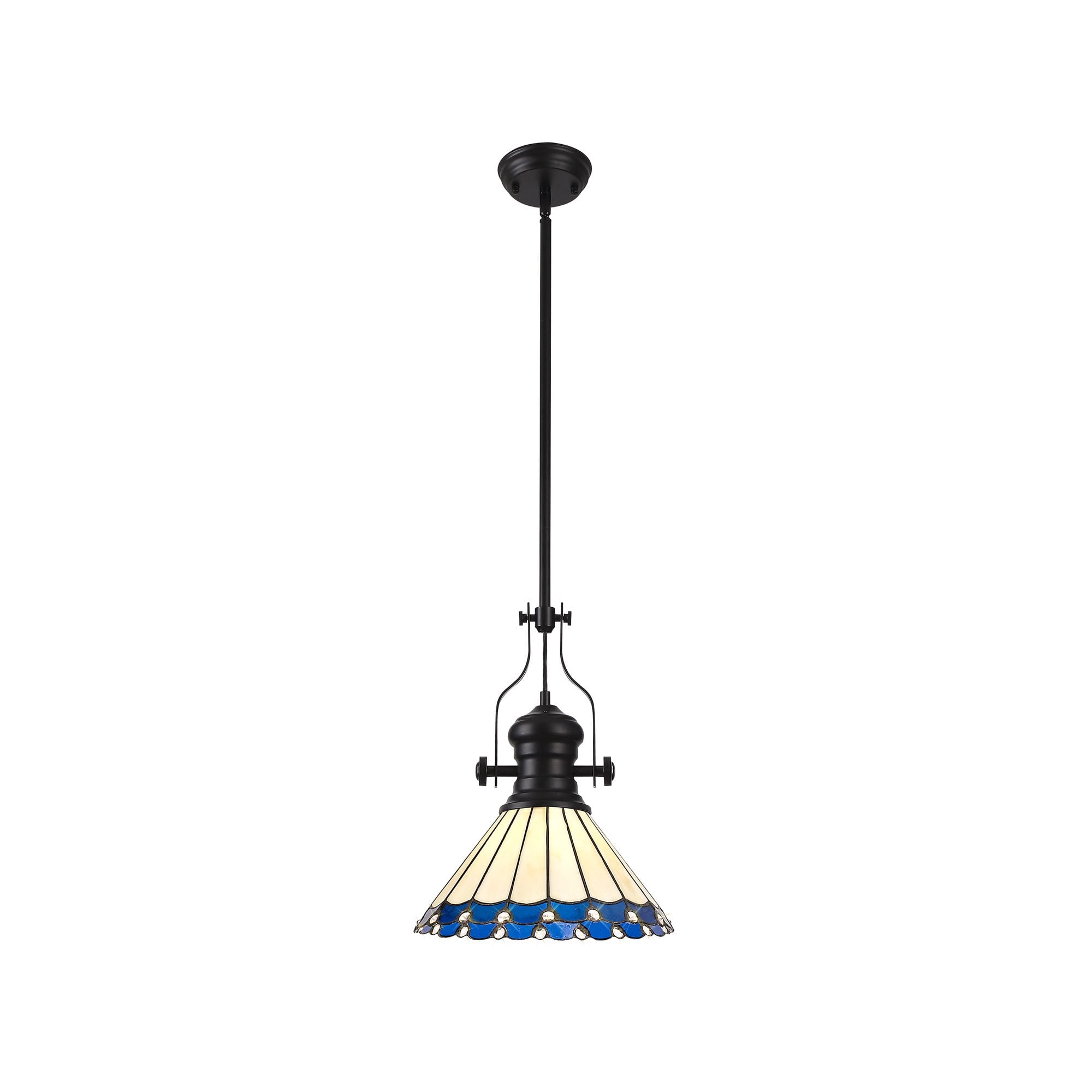 Fabula Amberley Single Pendant - 30cm Tiffany Shade - Matt Black, Blue & Cream