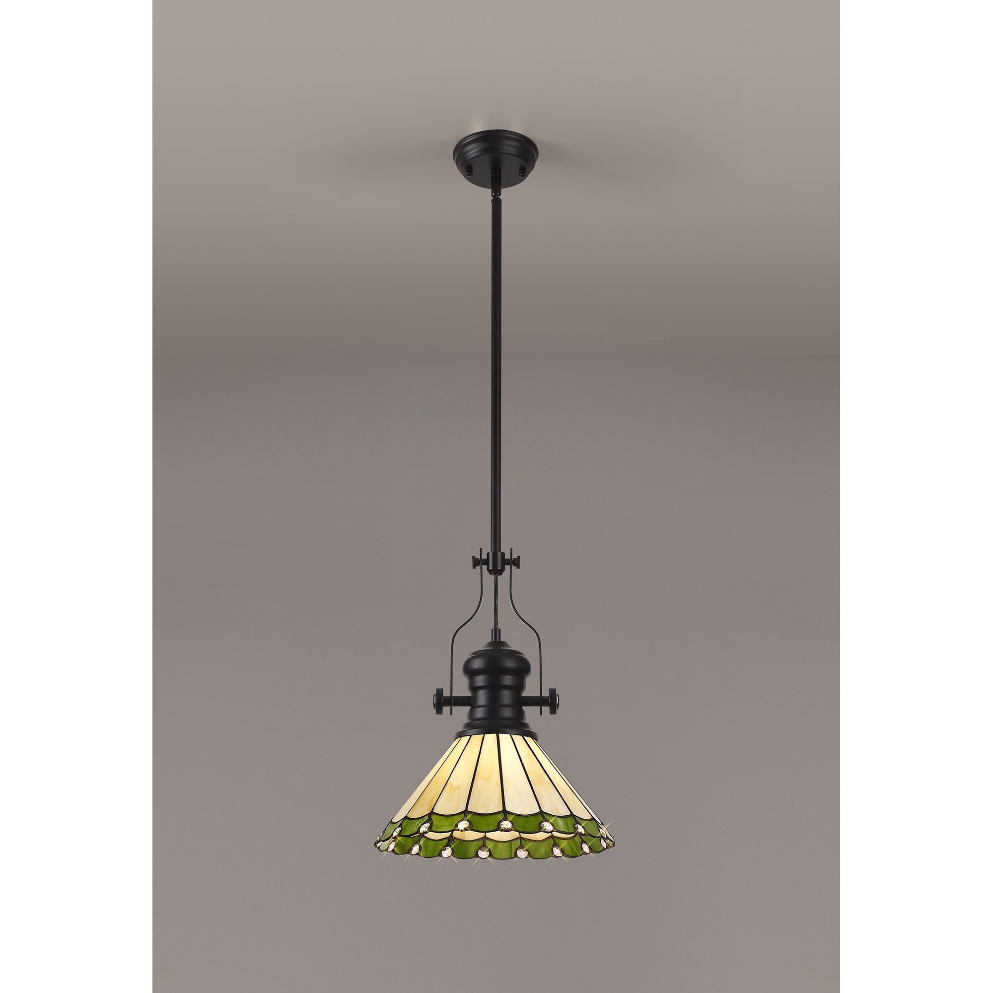 Fabula Amberley Single Pendant - 30cm Tiffany Shade - Matt Black, Green & Cream