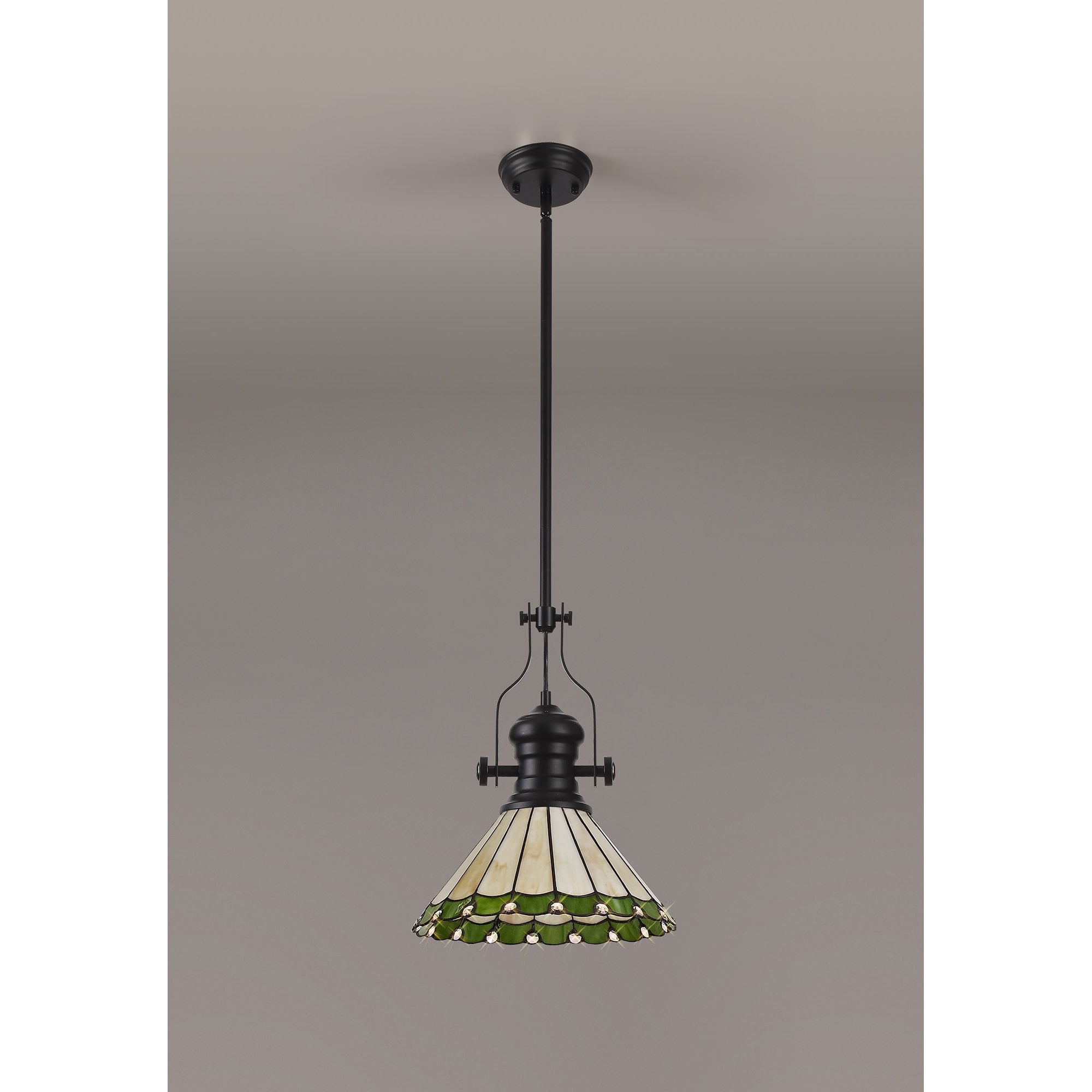 Fabula Amberley Single Pendant - 30cm Tiffany Shade - Matt Black, Green & Cream