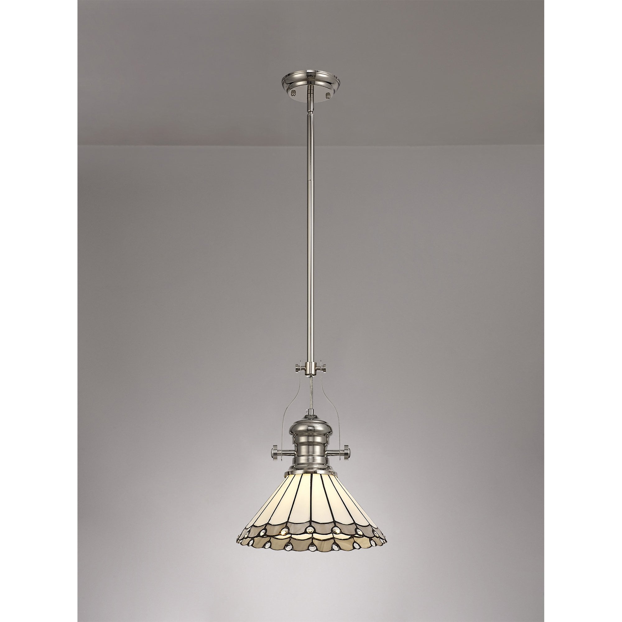 Fabula Amberley Single Pendant - 30cm Tiffany Shade - Polished Nickel, Grey & Cream