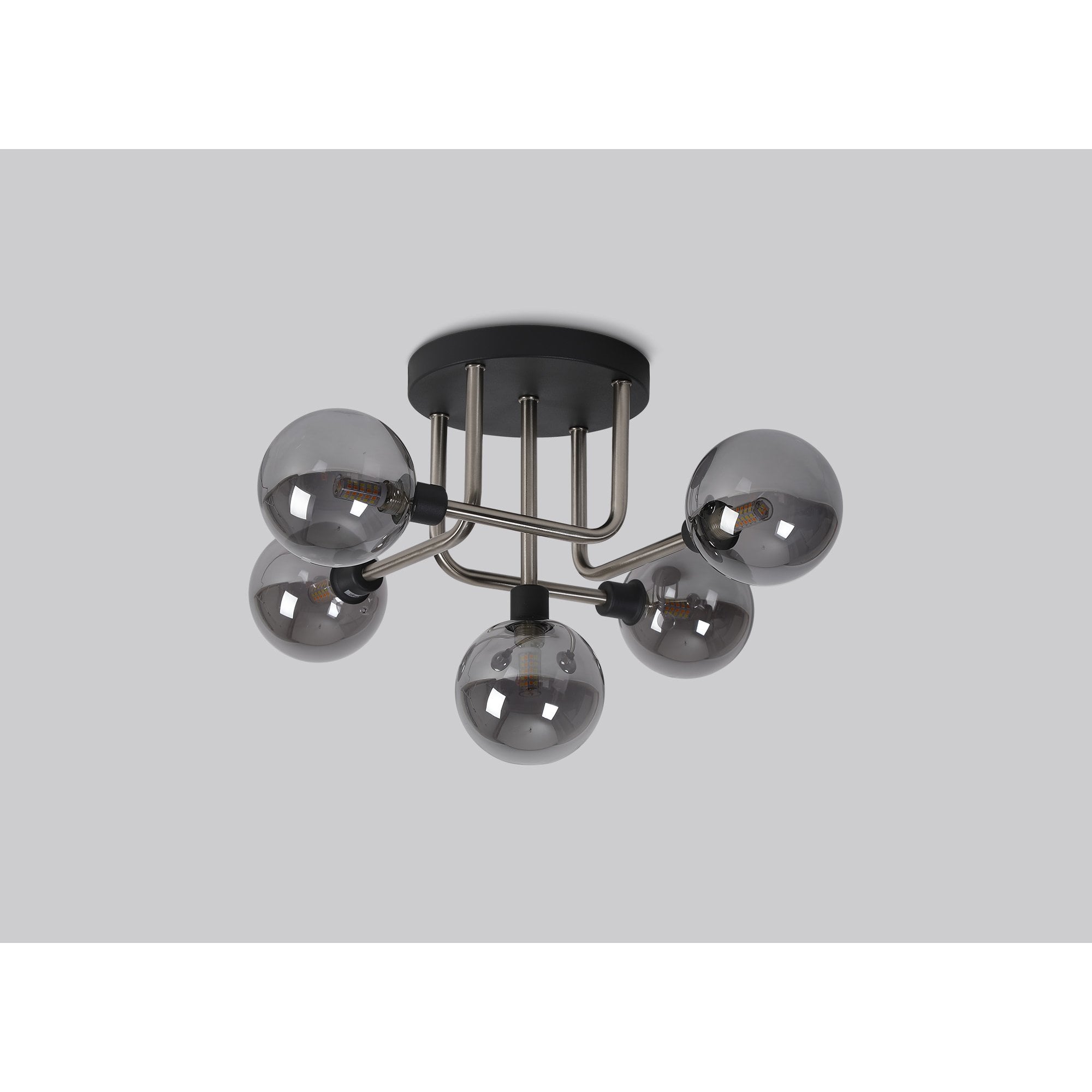 Fabula Appleby 5 Light Flush Light - Graphite, Satin Nickel & Smoke Glass