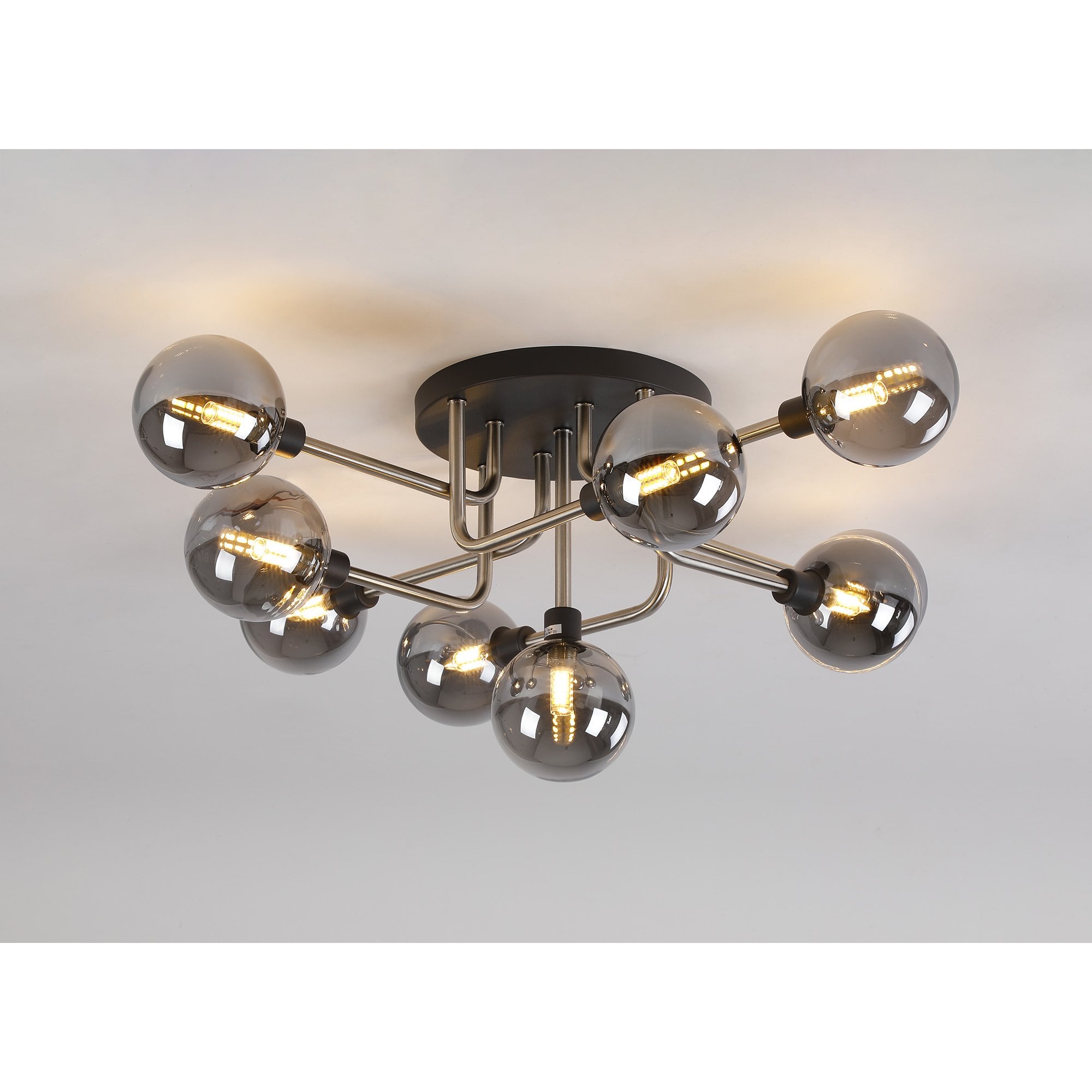 Fabula Appleby 9 Light Flush Light - Graphite, Satin Nickel & Smoke Glass