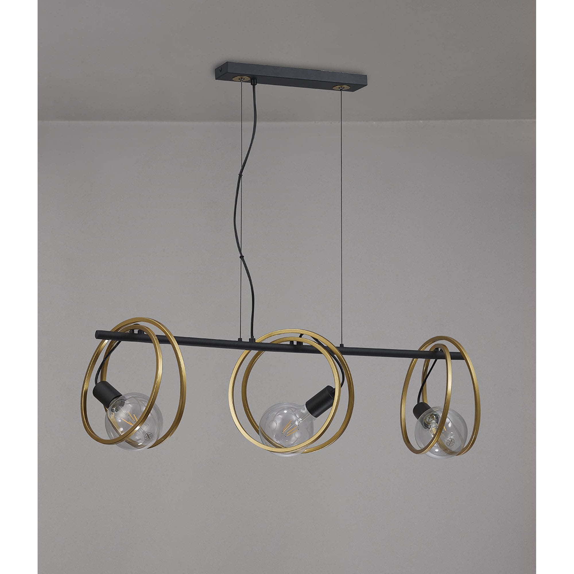 Fabula Bury Double Ring 3 Light Linear Pendant - Matt Black & Painted Gold