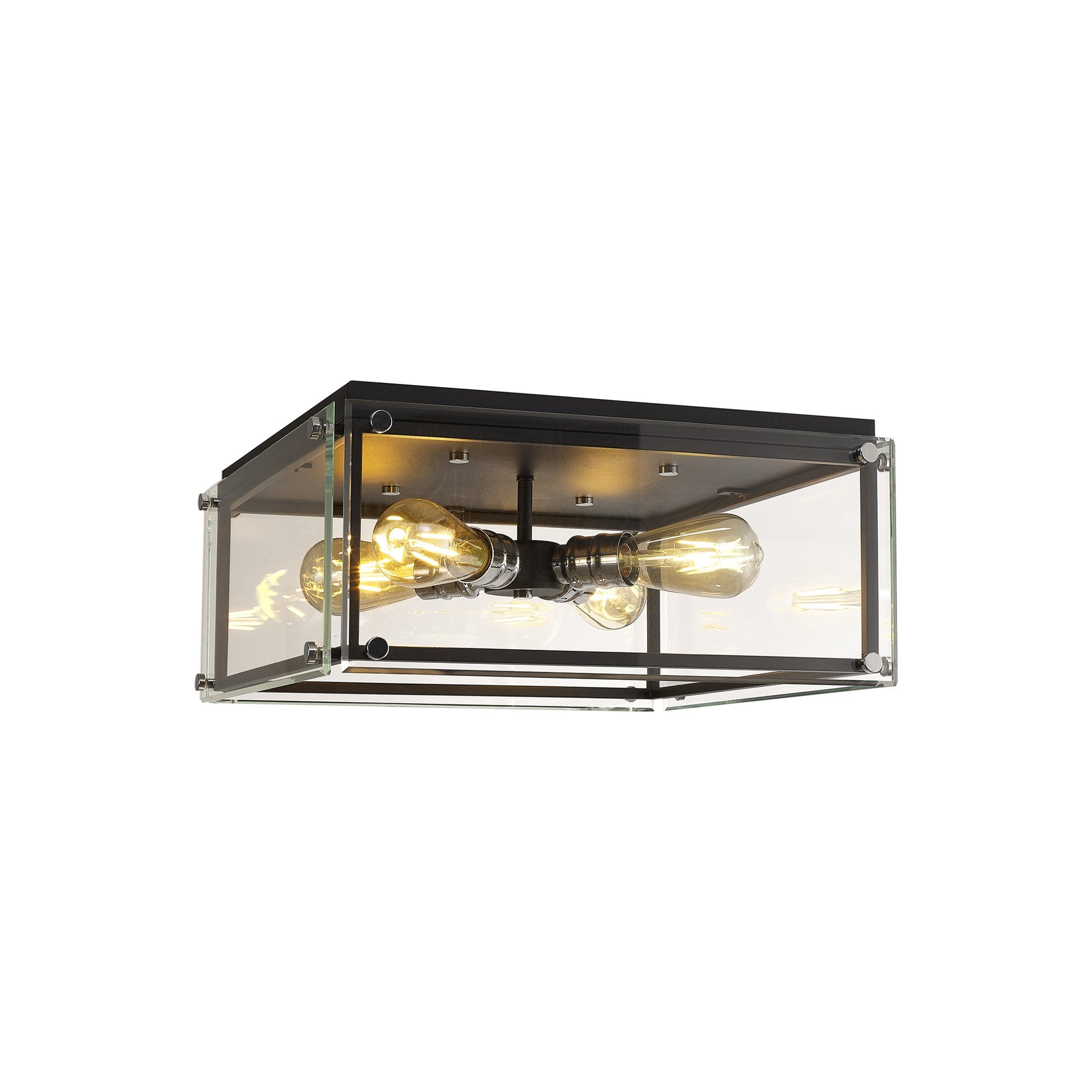 Fabula Cambridge 4 Light Flush Light - Matt Black, Chrome & Clear Glass