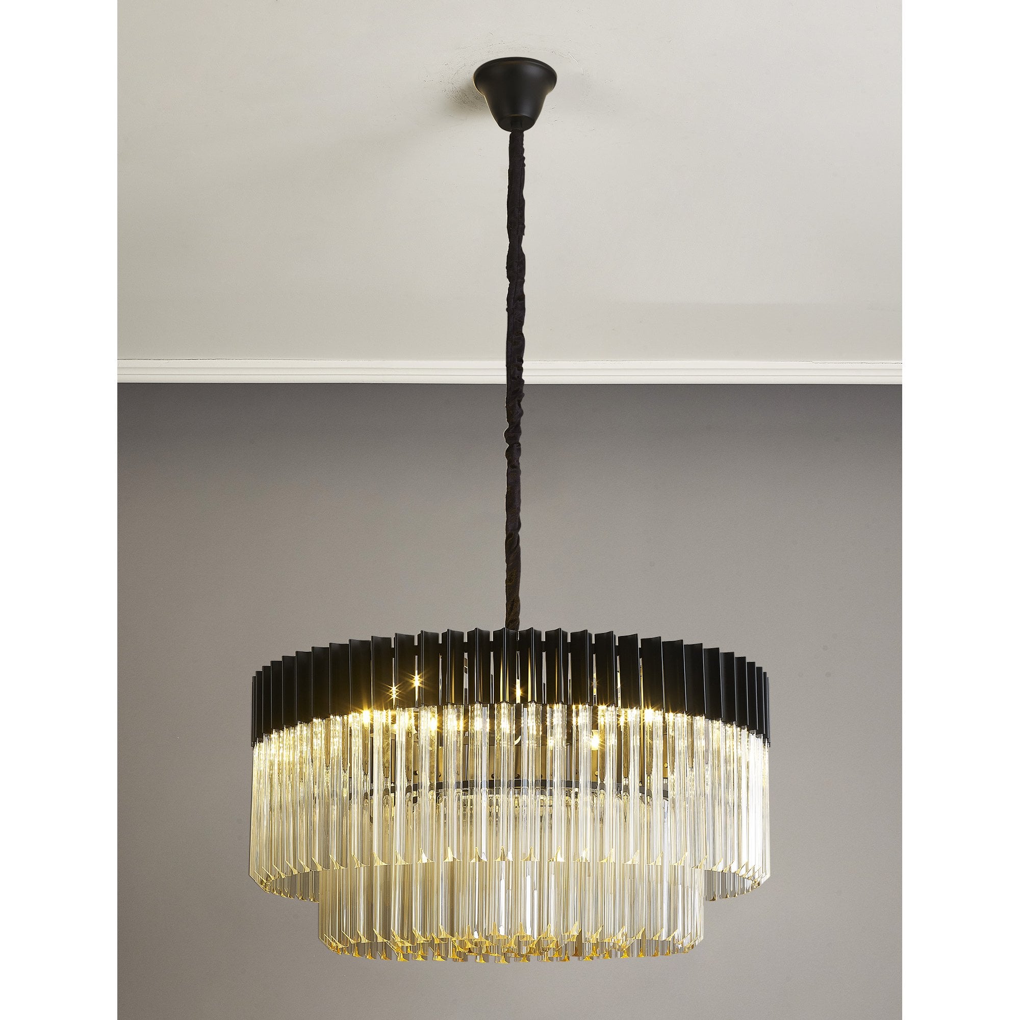 Fabula Cedar 12 Light Pendant - Matt Black & Cognac Sculpted Glass