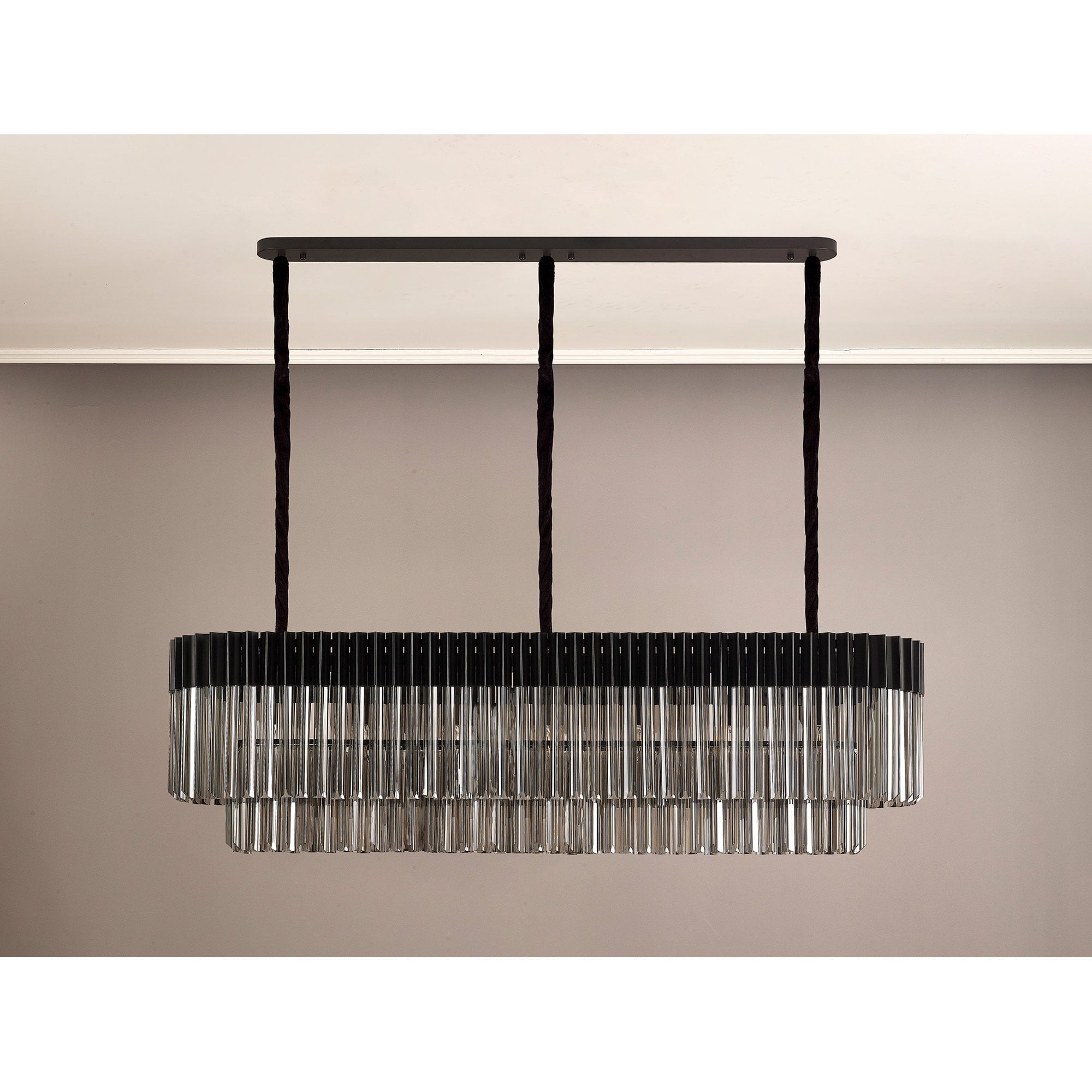 Fabula Cedar 7 Light Rectangular Pendant - Matt Black & Smoke Sculpted Glass