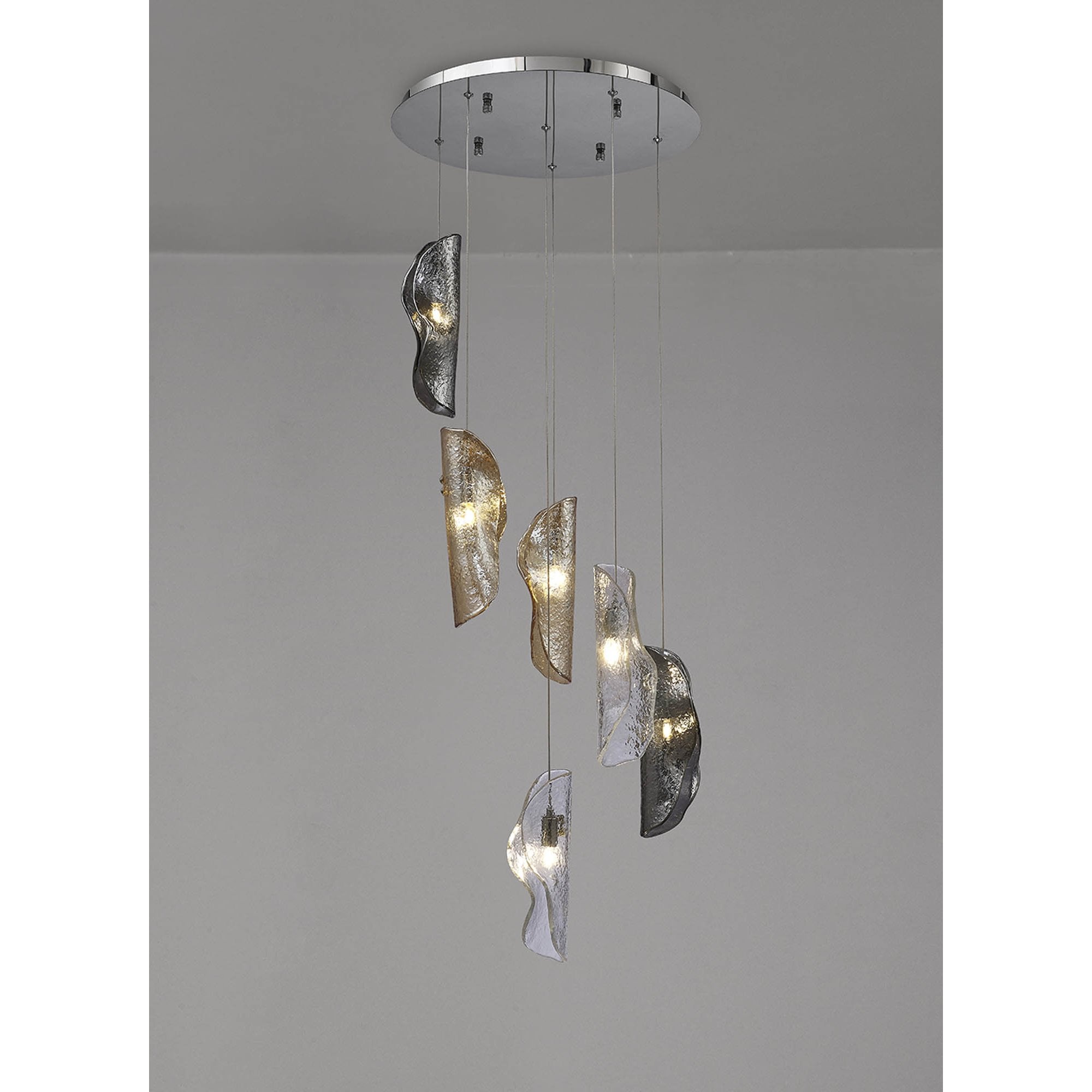 Fabula Chandos 6 Light Pendant - Polished Chrome, Clear, Amber & Smoked Glass