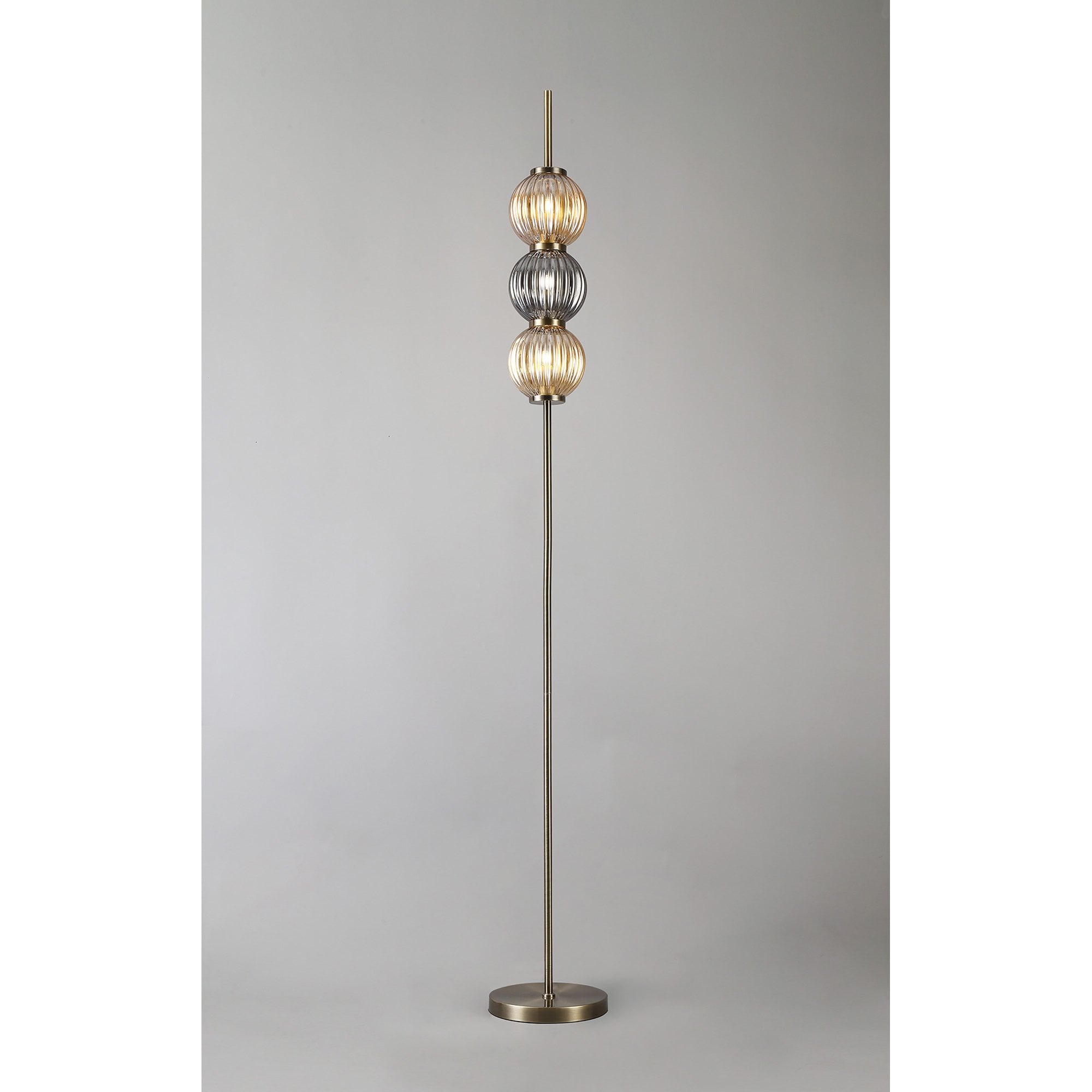 Fabula Churchill 3 Light Floor Lamp - Antique Brass, Smoked & Amber Glass