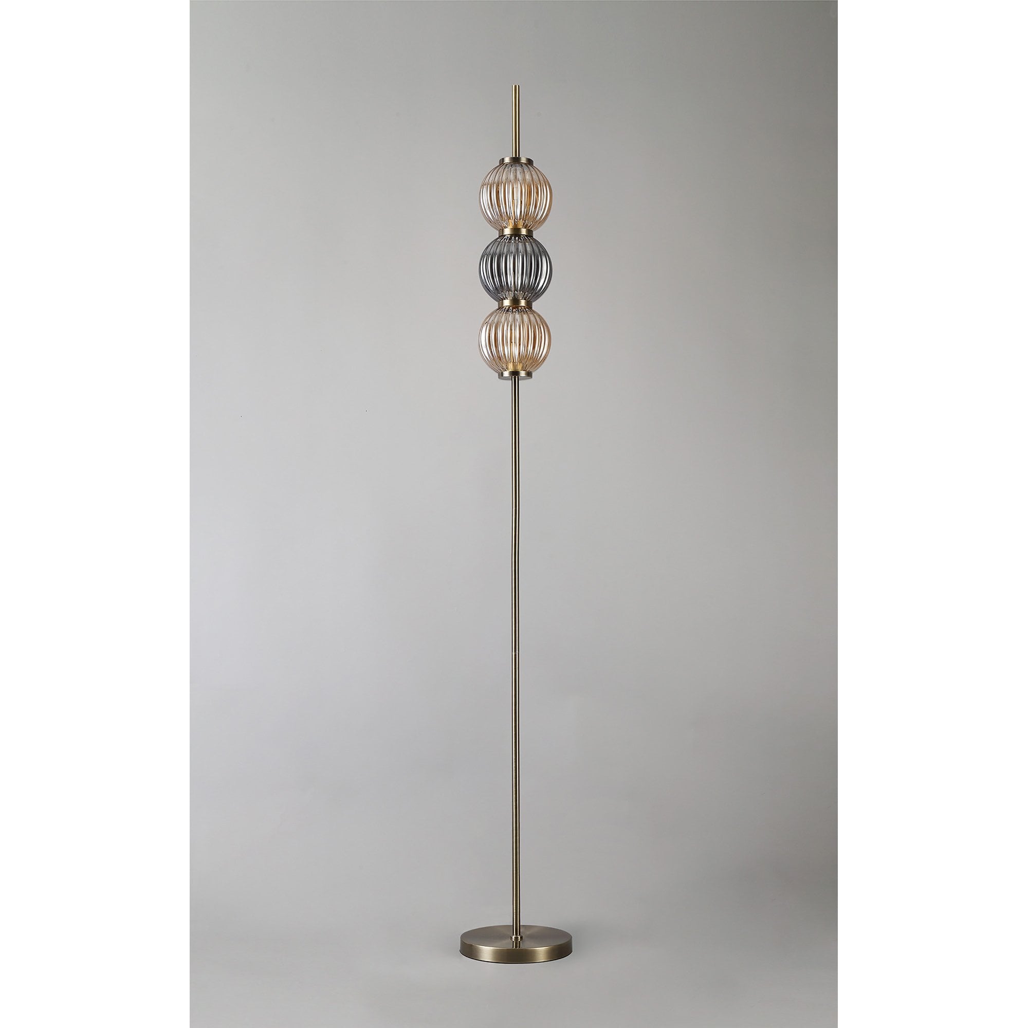 Fabula Churchill 3 Light Floor Lamp - Antique Brass, Smoked & Amber Glass