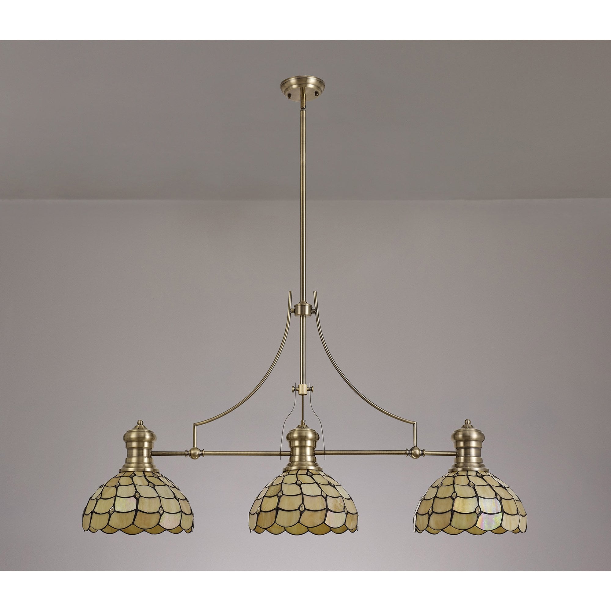 Fabula Crescent 3 Light Linear Pendant - 30cm Tiffany Shade - Antique Brass & Beige