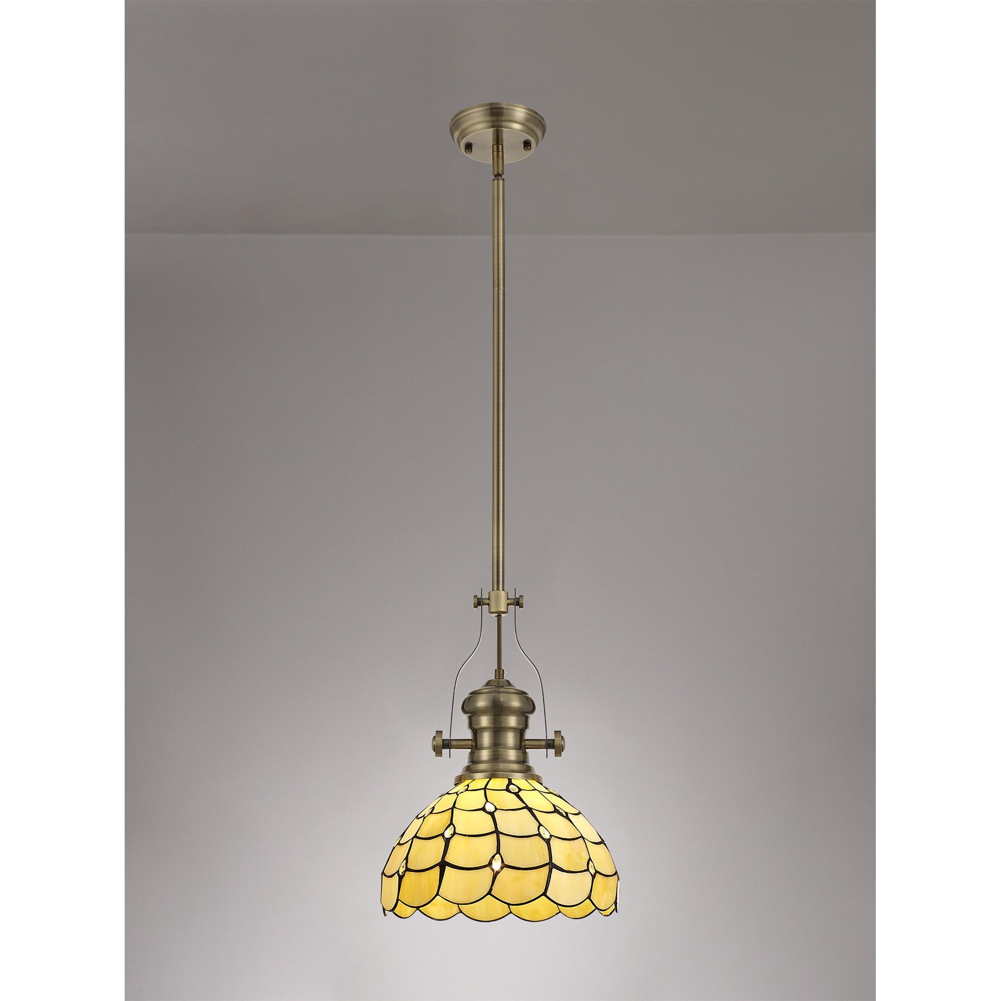 Fabula Crescent Single Pendant - 30cm Tiffany Shade - Antique Brass & Beige