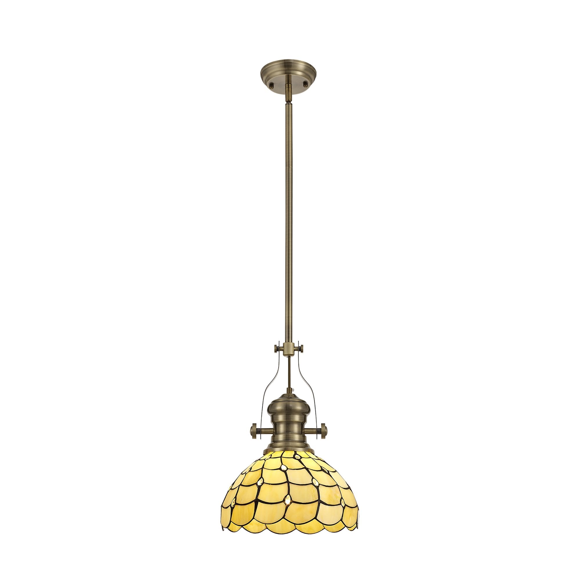 Fabula Crescent Single Pendant - 30cm Tiffany Shade - Antique Brass & Beige
