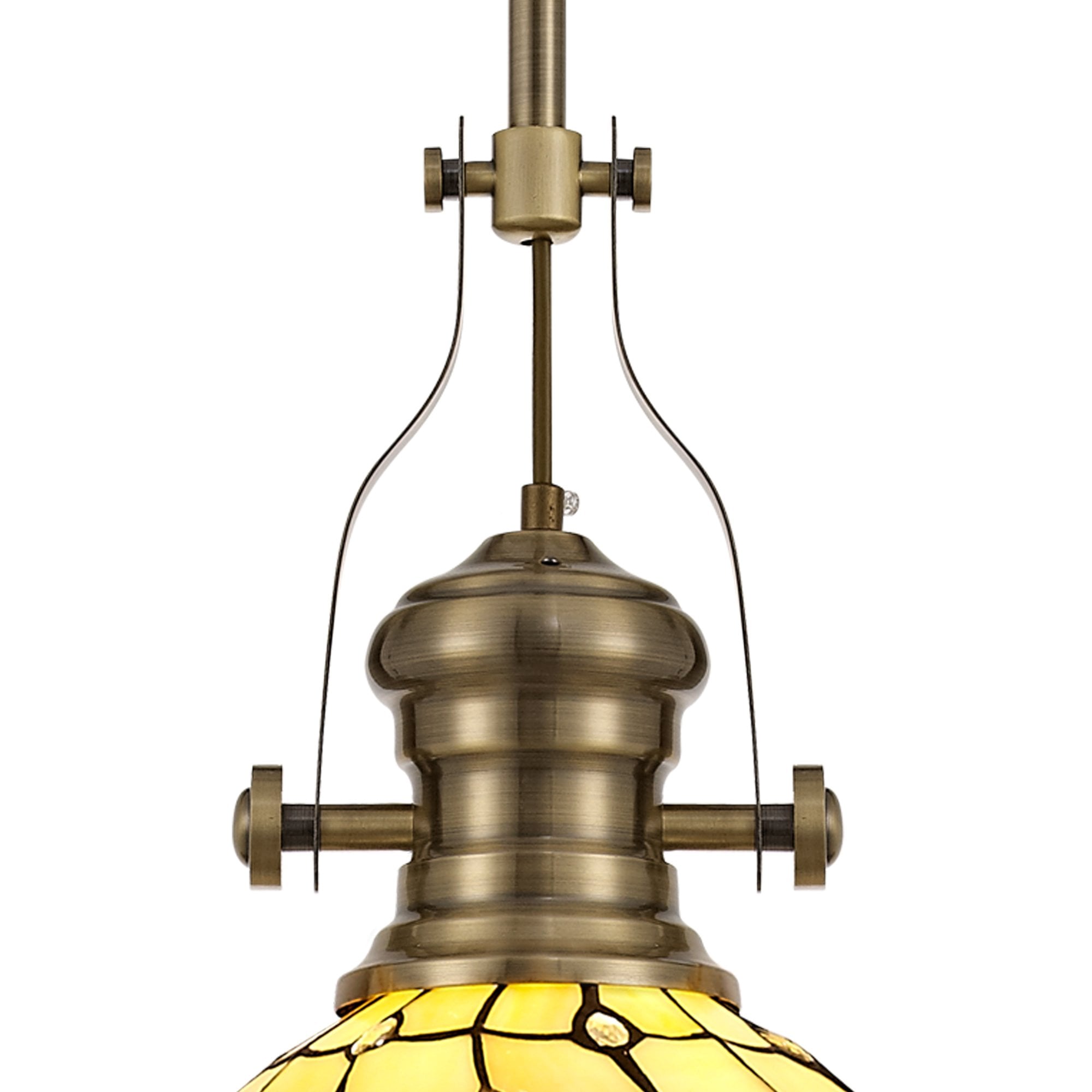 Fabula Crescent Single Pendant - 30cm Tiffany Shade - Antique Brass & Beige