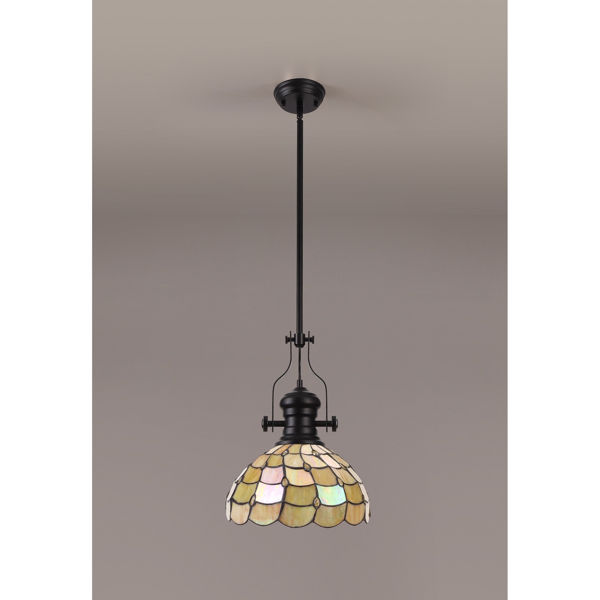 Fabula Crescent Single Pendant - 30cm Tiffany Shade - Matt Black & Beige