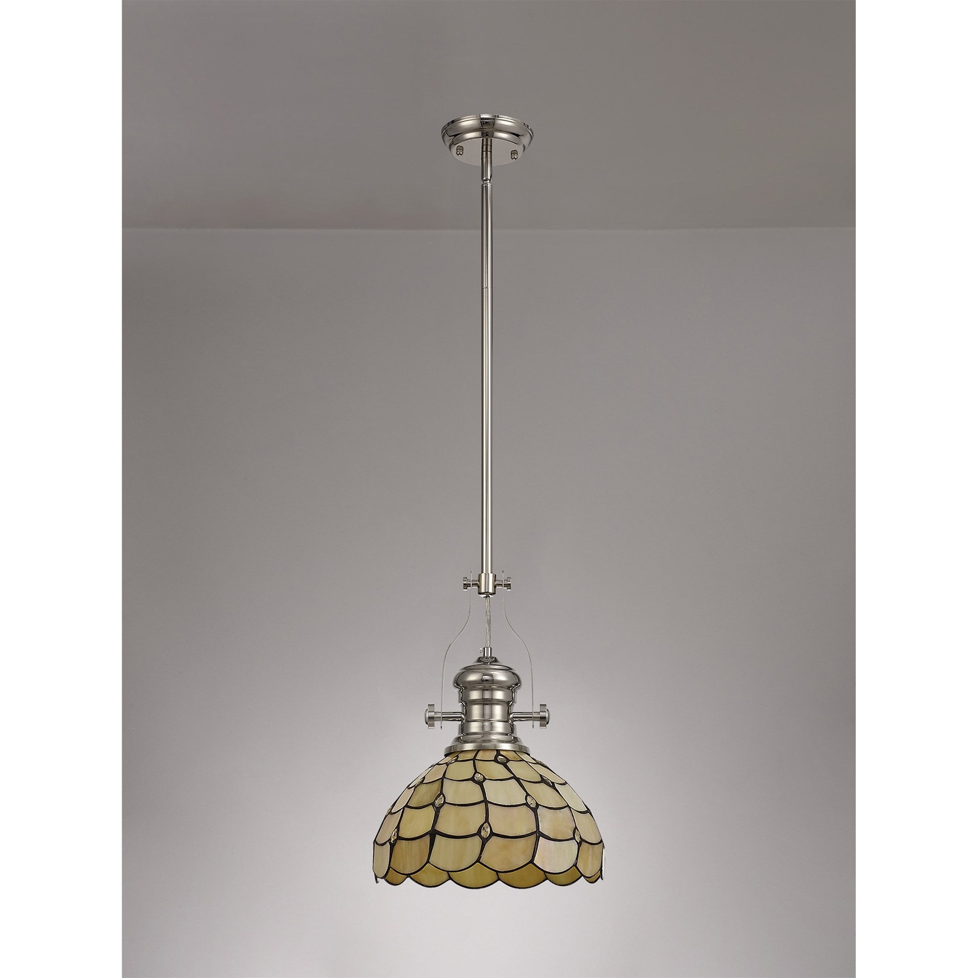 Fabula Crescent Single Pendant - 30cm Tiffany Shade - Polished Nickel & Beige