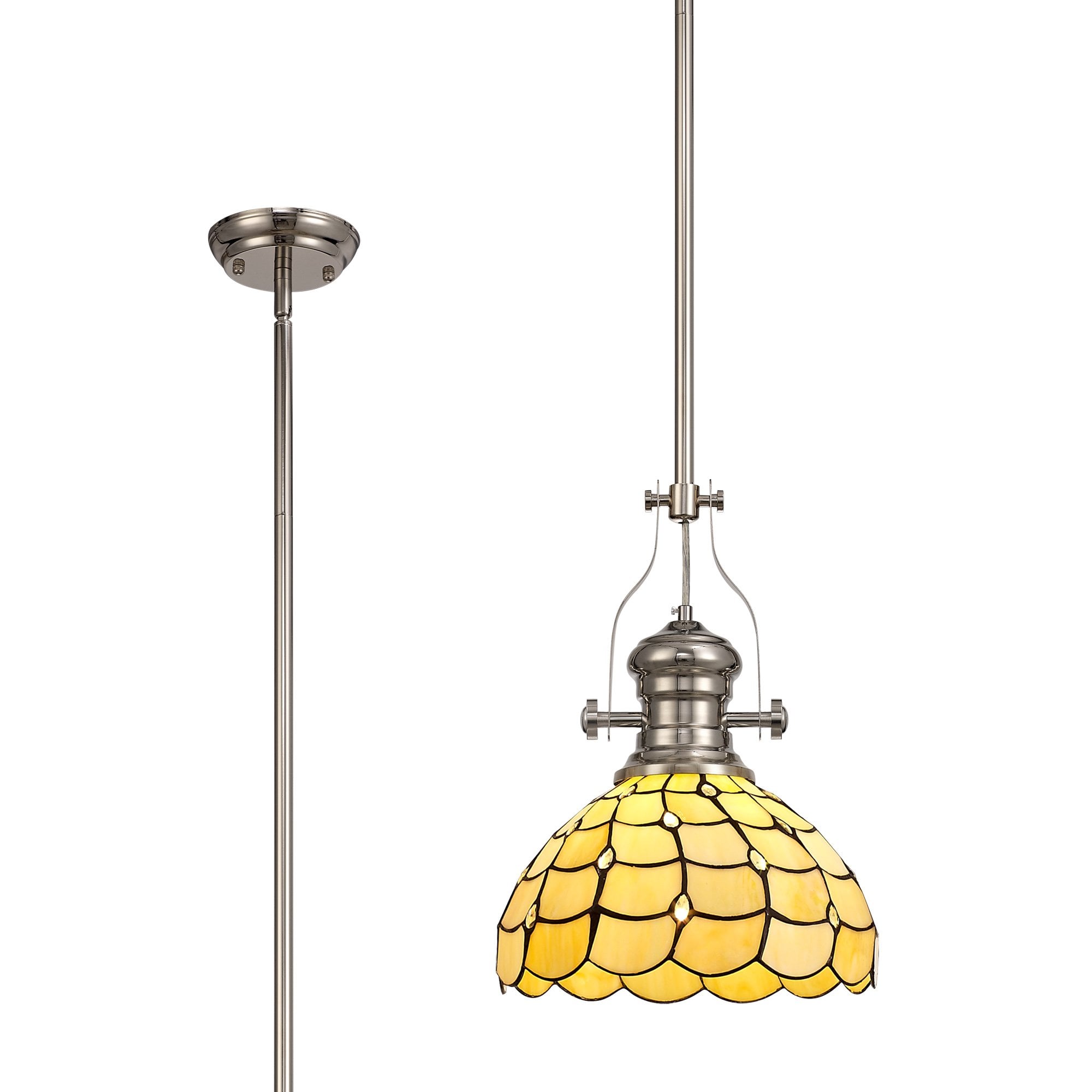 Fabula Crescent Single Pendant - 30cm Tiffany Shade - Polished Nickel & Beige