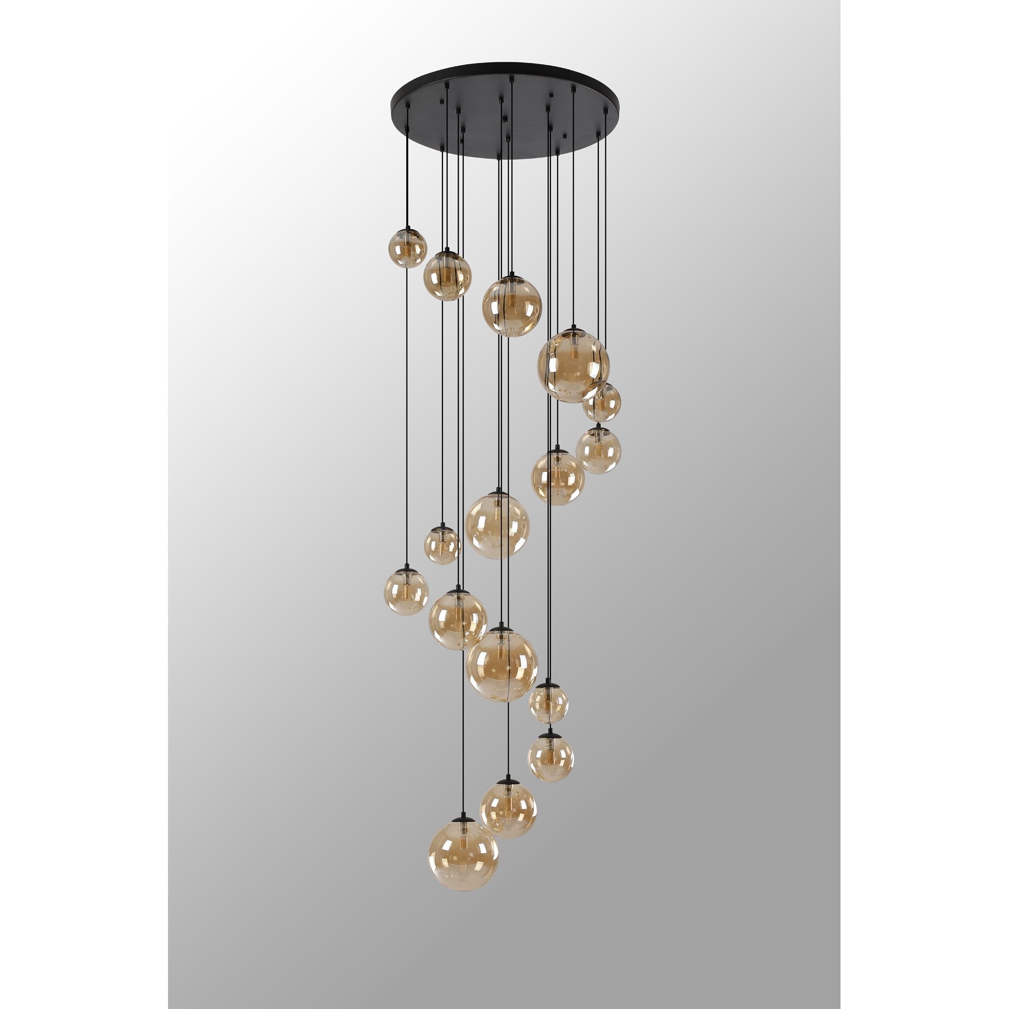 Fabula Deacon 16 Light Pendant - Satin Black & Amber Plated Glass