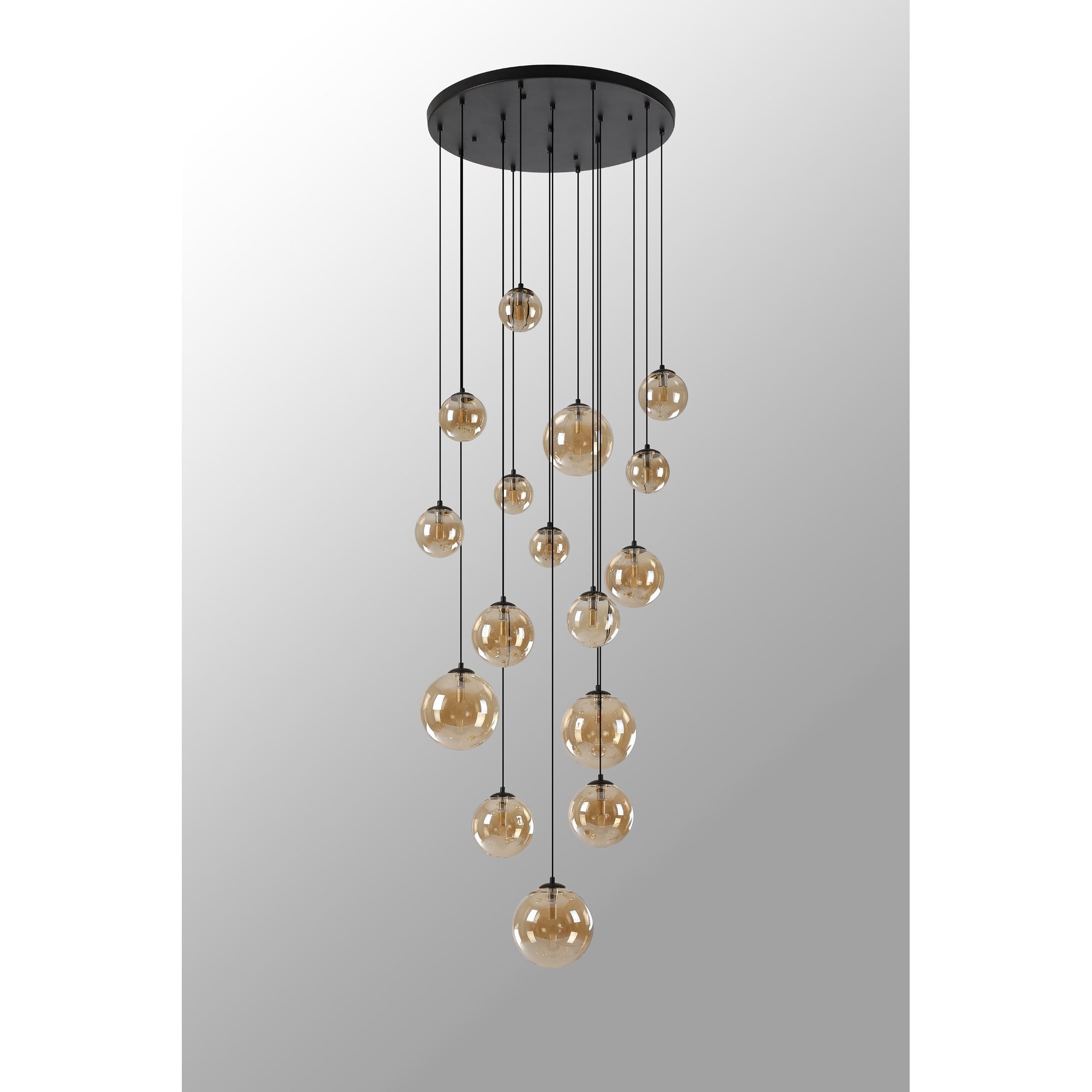 Fabula Deacon 16 Light Pendant - Satin Black & Amber Plated Glass