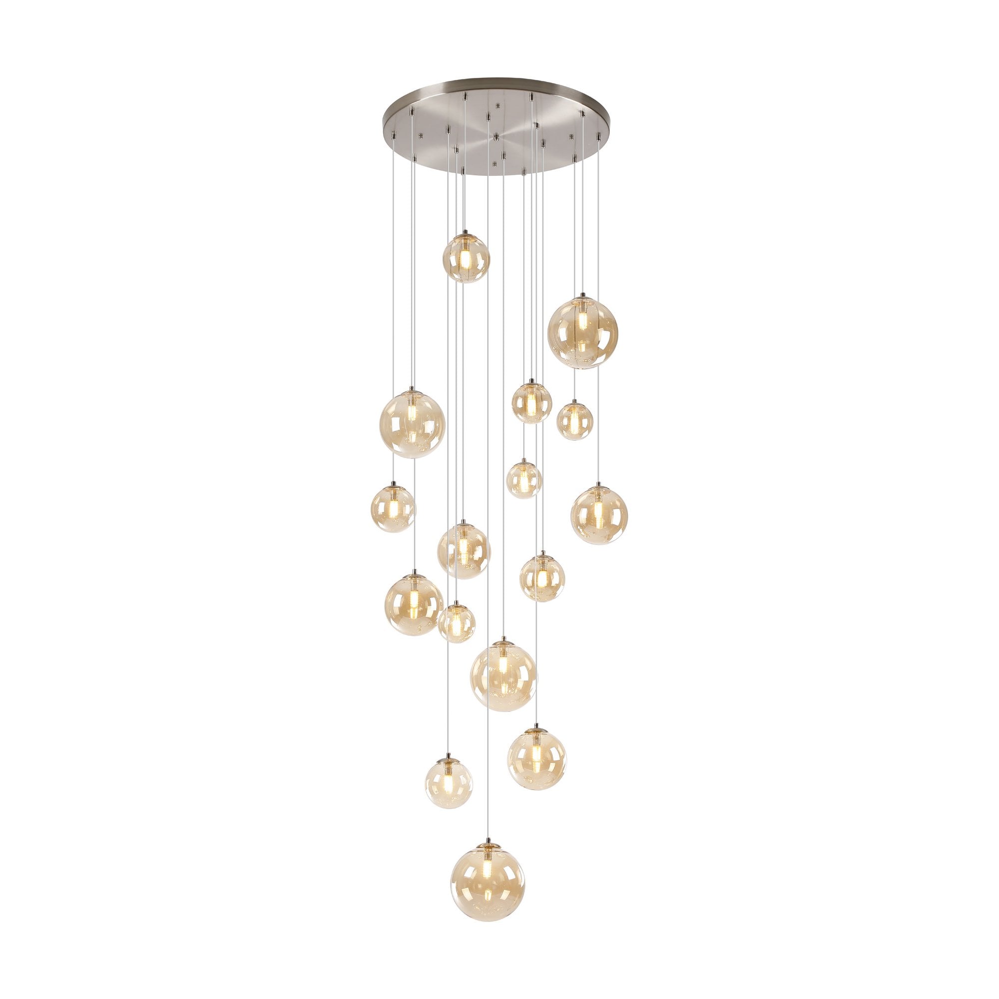 Fabula Deacon 16 Light Pendant - Satin Nickel & Amber Plated Glass