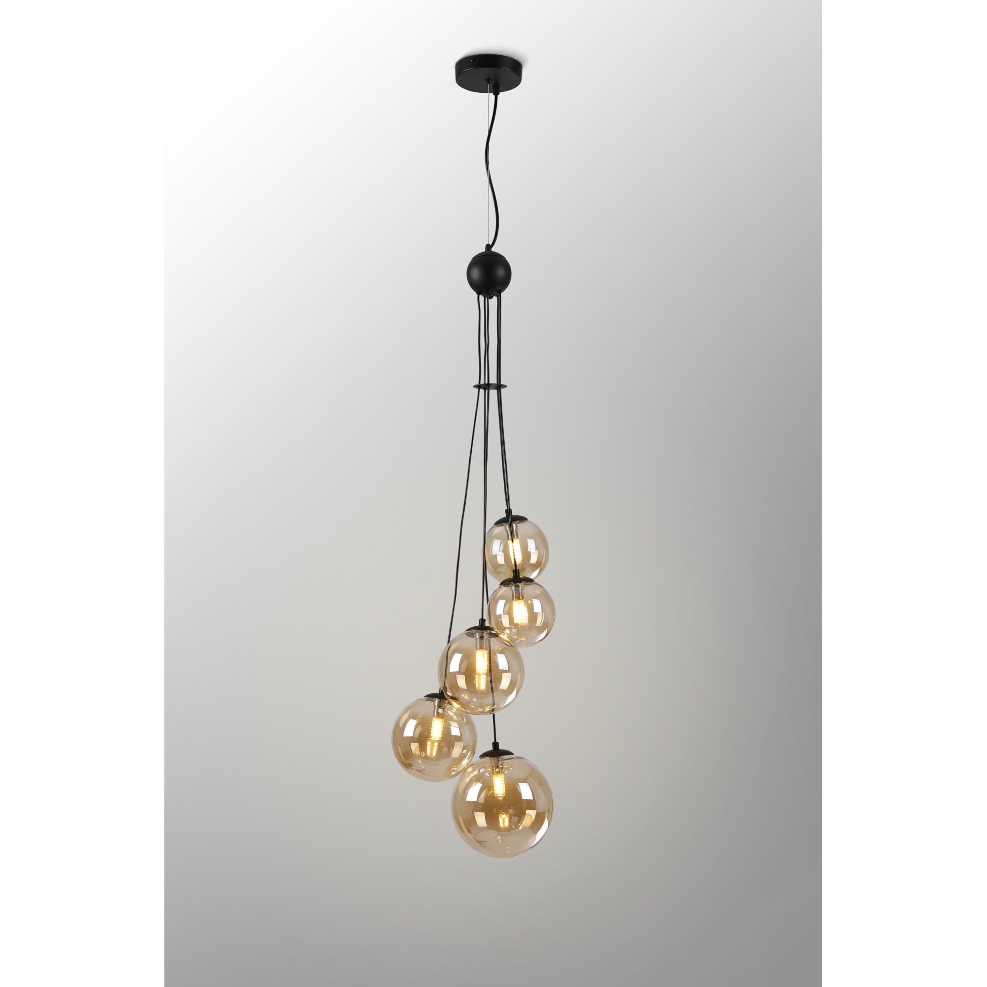 Fabula Deacon 5 Light Pendant - Satin Black & Amber Plated Glass