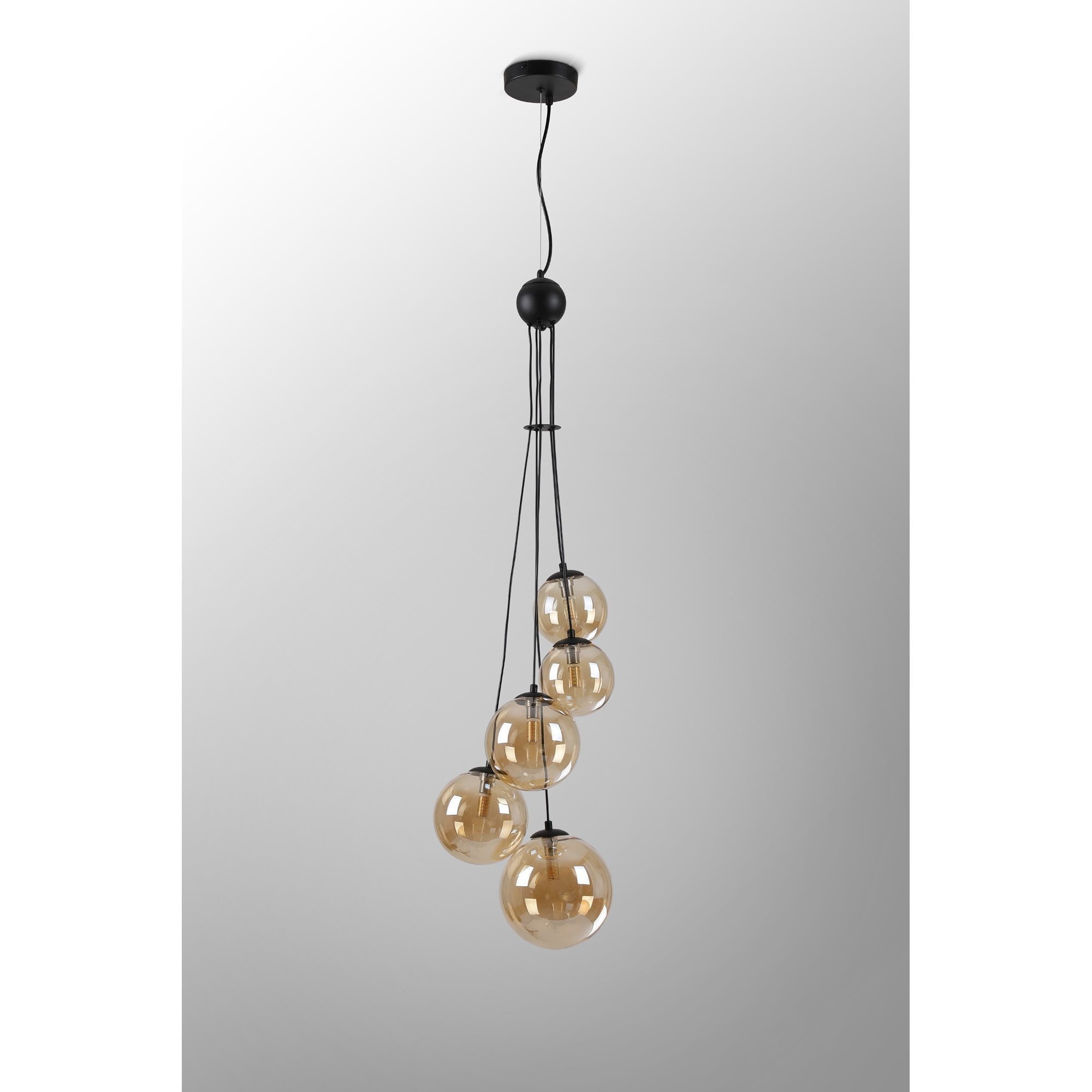 Fabula Deacon 5 Light Pendant - Satin Black & Amber Plated Glass