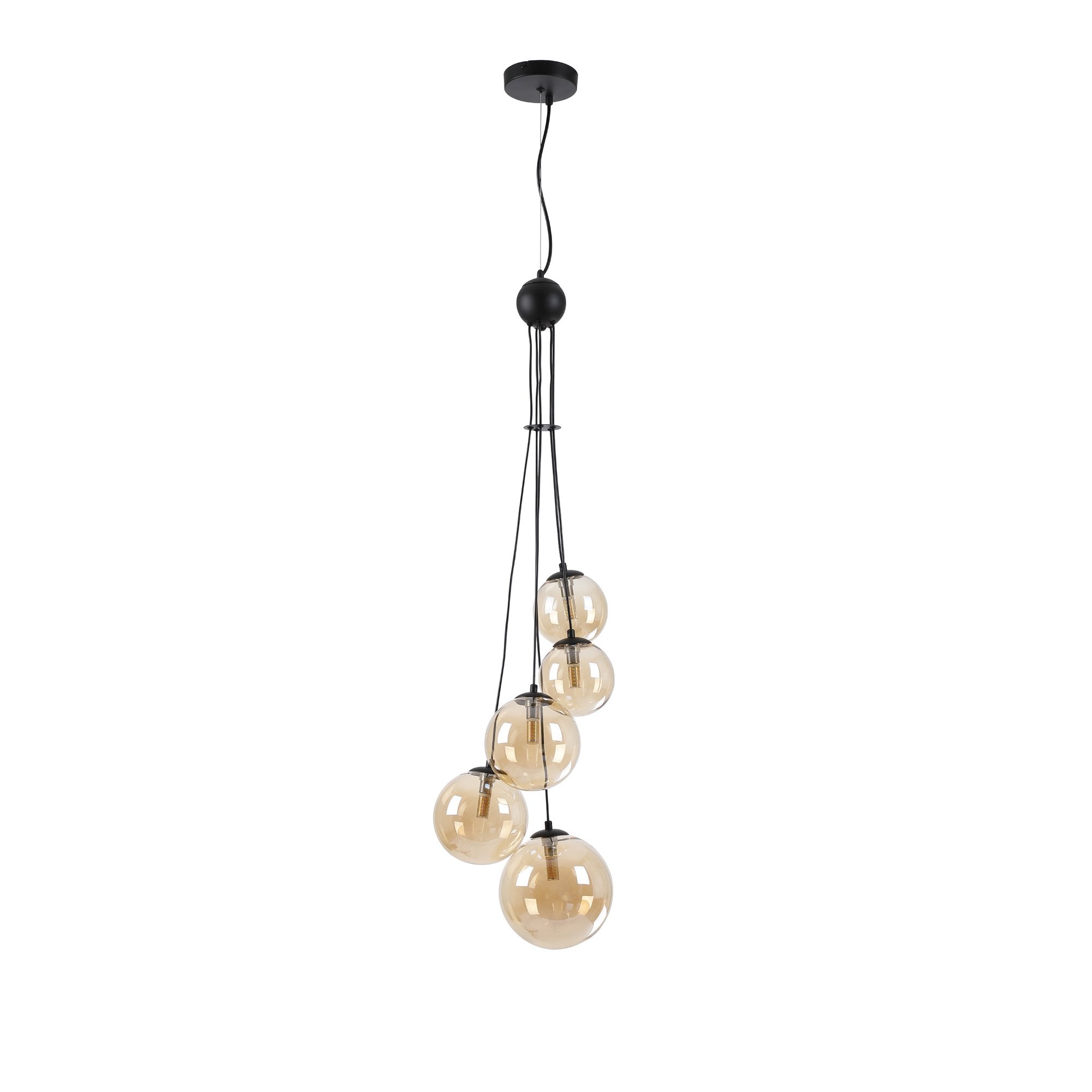 Fabula Deacon 5 Light Pendant - Satin Black & Amber Plated Glass