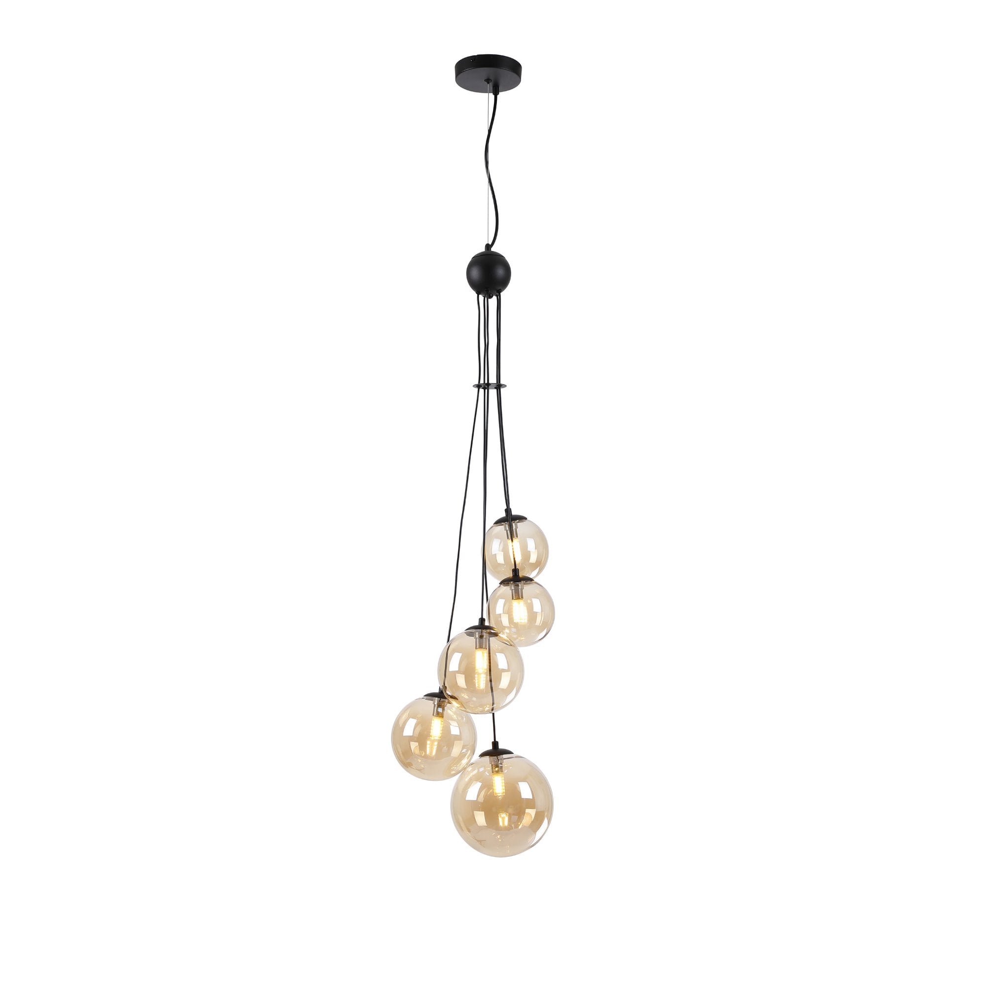 Fabula Deacon 5 Light Pendant - Satin Black & Amber Plated Glass