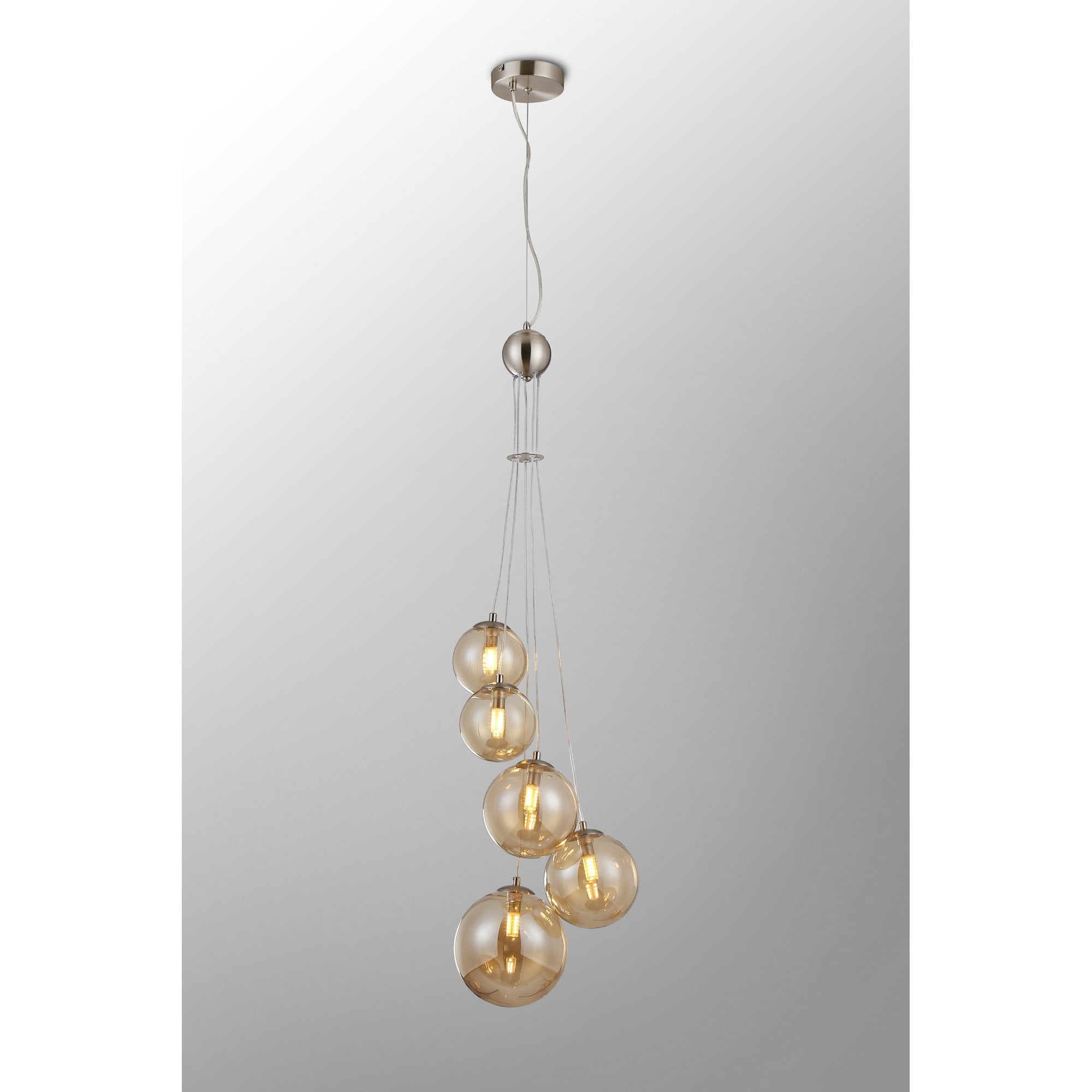 Fabula Deacon 5 Light Pendant - Satin Nickel & Amber Plated Glass
