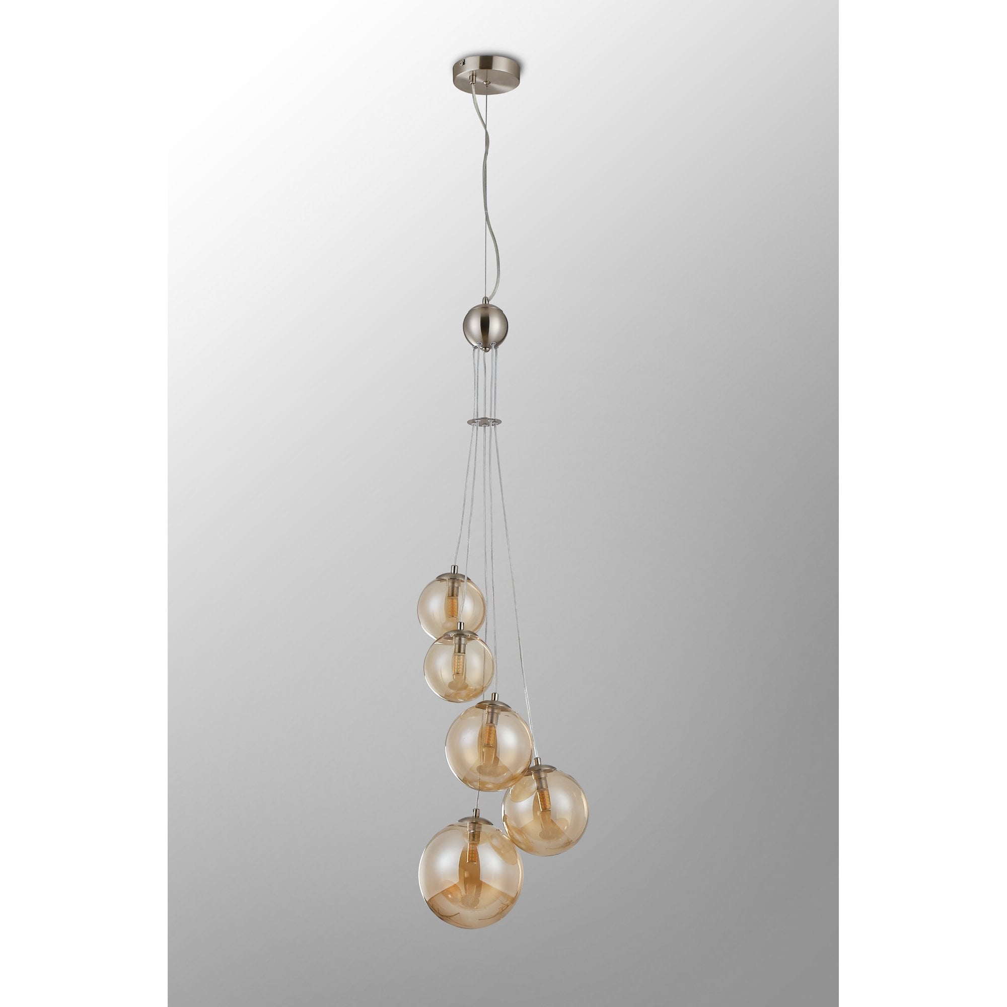 Fabula Deacon 5 Light Pendant - Satin Nickel & Amber Plated Glass