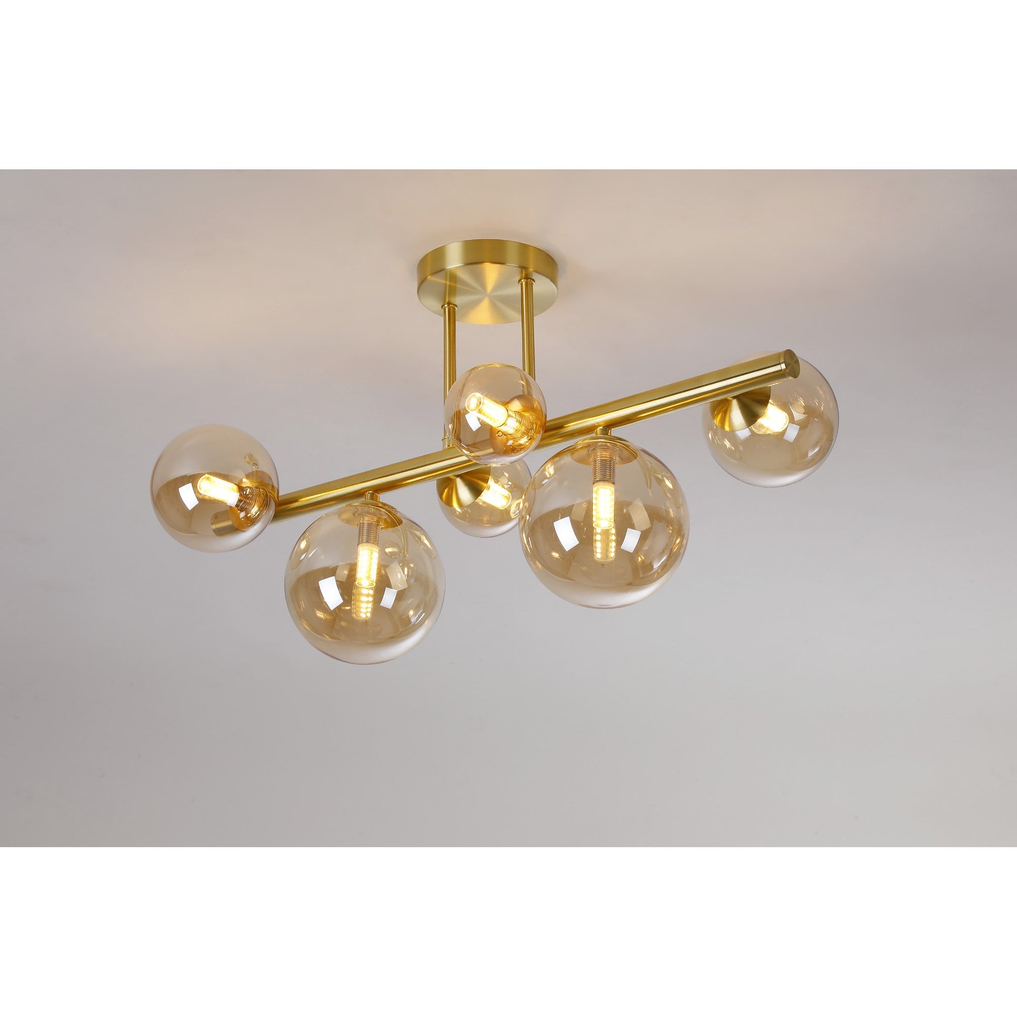 Fabula Deacon 6 Light Semi-Flush Light - Satin Gold & Amber Plated Glass