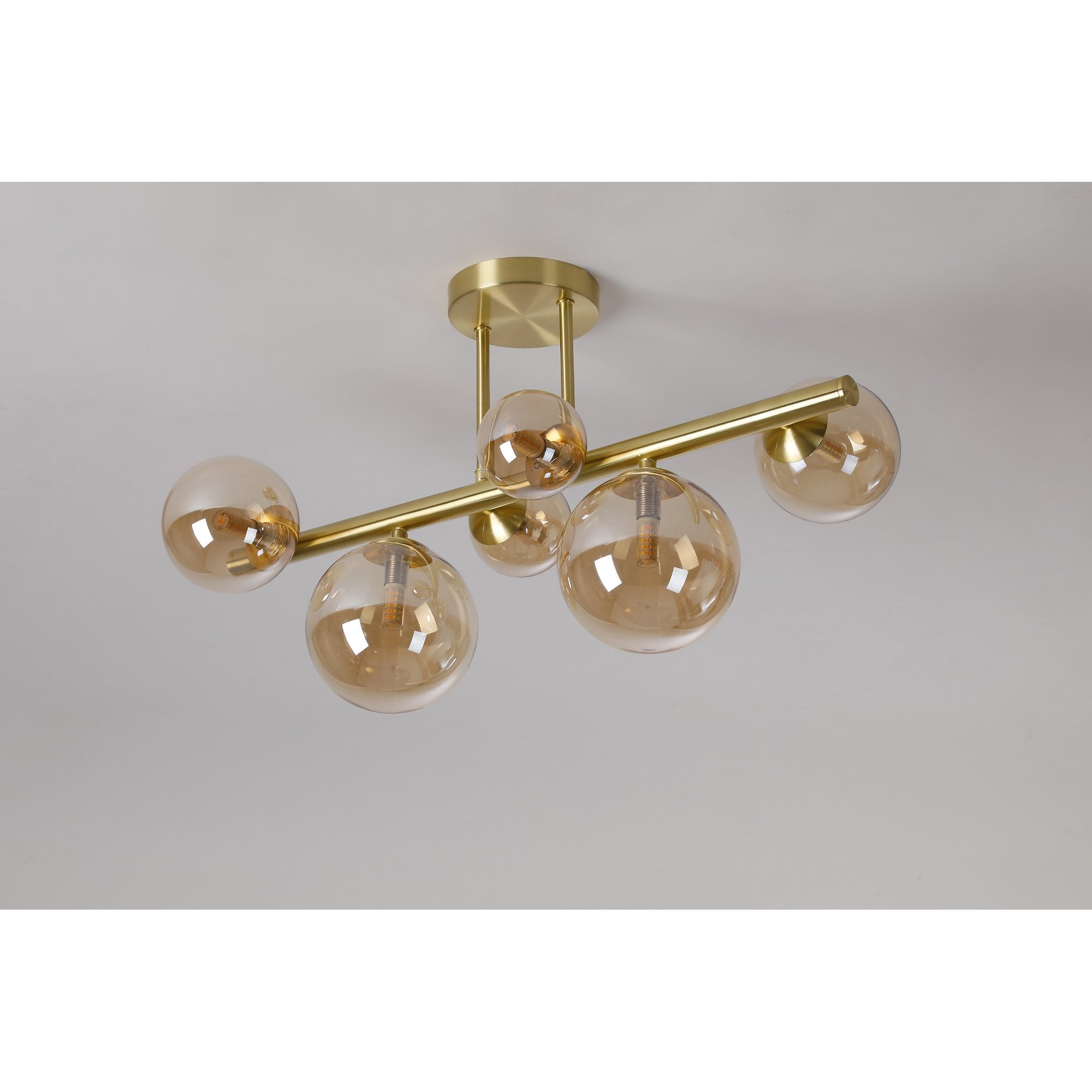 Fabula Deacon 6 Light Semi-Flush Light - Satin Gold & Amber Plated Glass