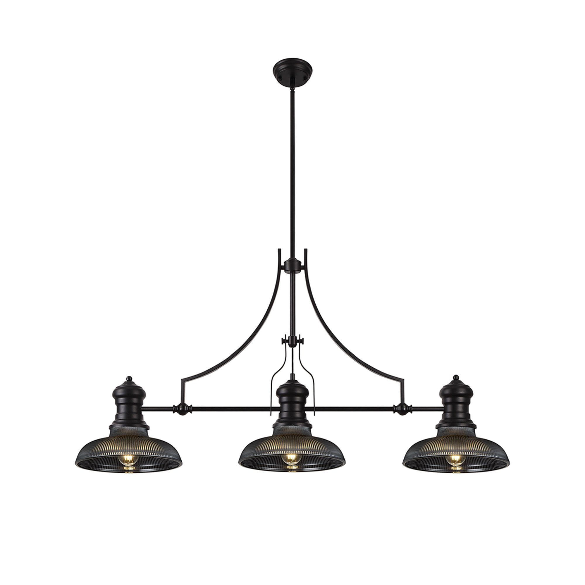 Fabula Epping 3 Light Linear Pendant - 30cm Round Glass Shades - Matt Black, Smoked Glass