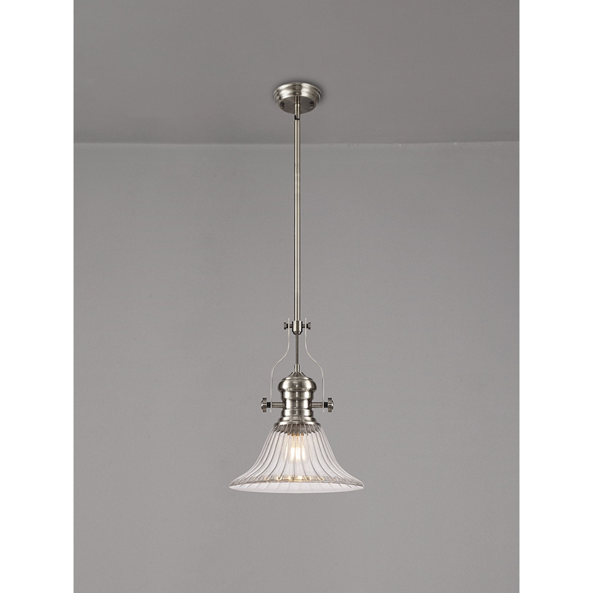 Fabula Epping Single Pendant - 30cm Bell Glass Shade - Satin Nickel & Clear Glass