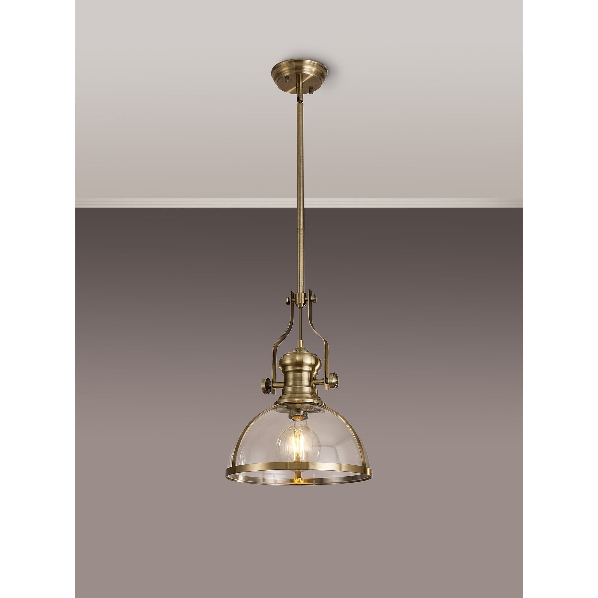 Fabula Epping Single Pendant - 30cm Round Glass Shade - Antique Brass & Clear Glass
