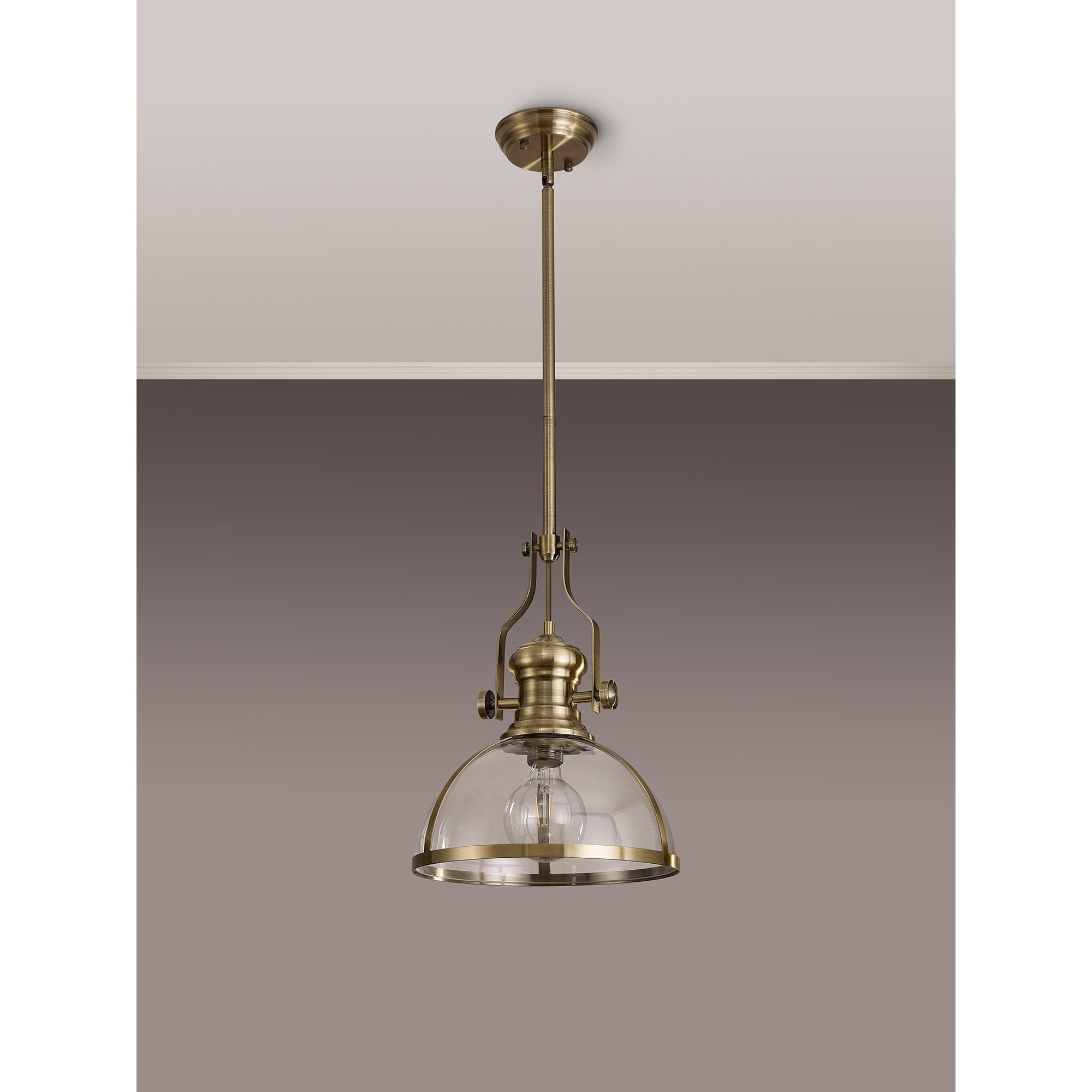 Fabula Epping Single Pendant - 30cm Round Glass Shade - Antique Brass & Clear Glass