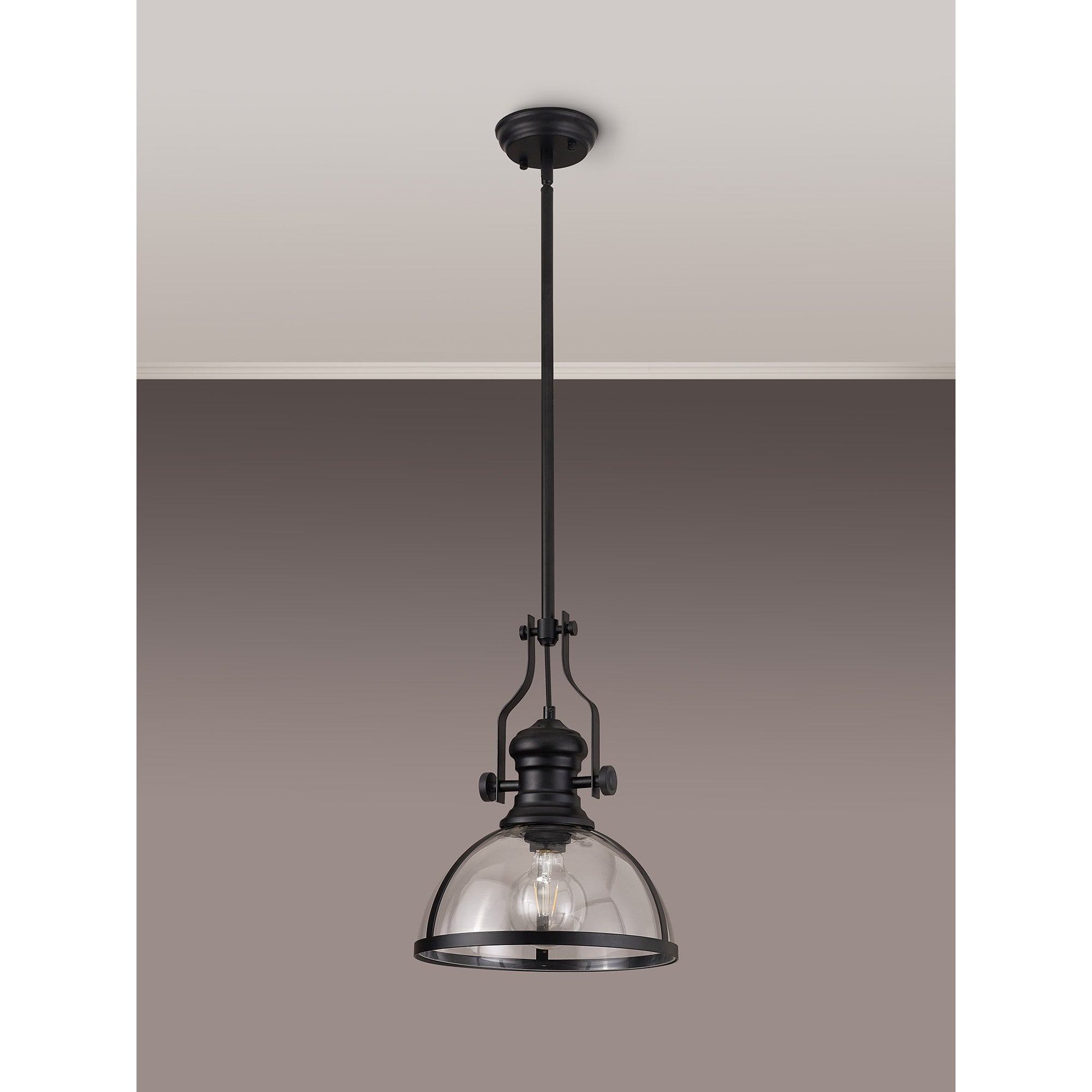 Fabula Epping Single Pendant - 30cm Round Glass Shade - Matt Black & Clear Glass
