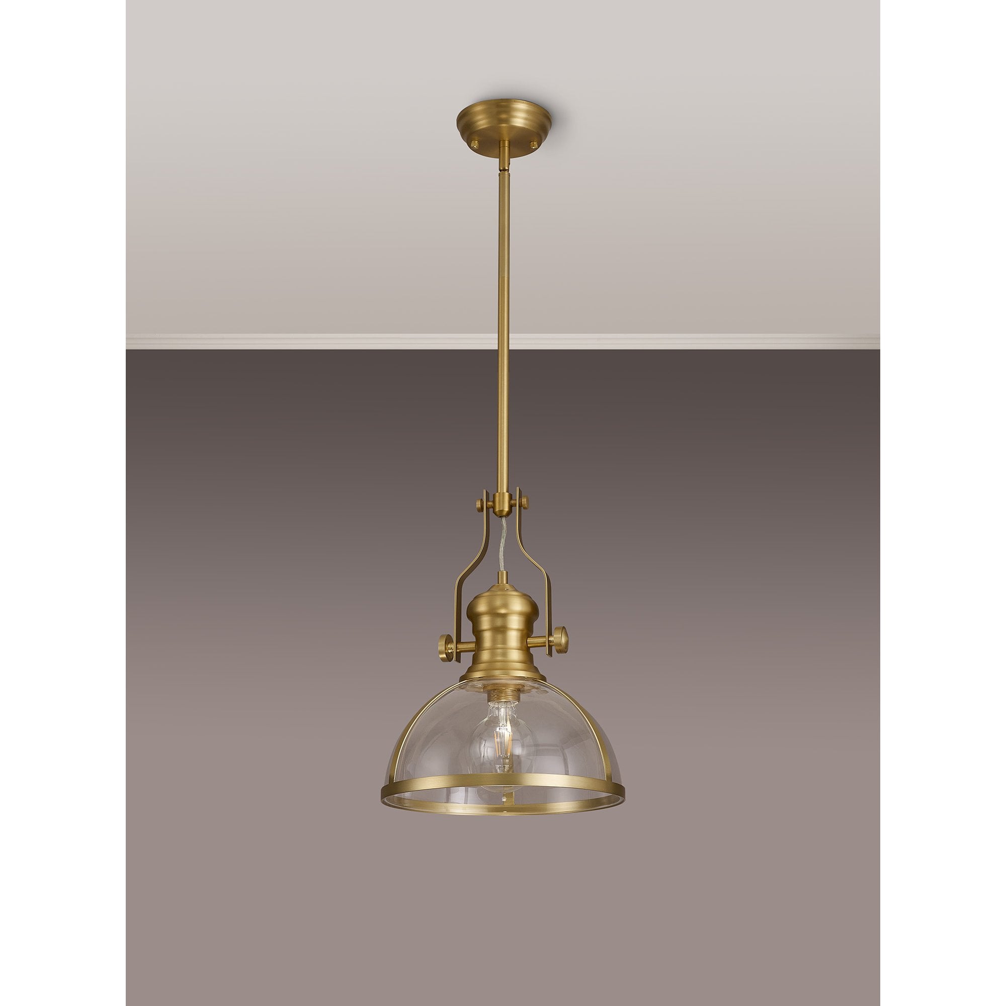 Fabula Epping Single Pendant - 30cm Round Glass Shade - Satin Gold & Clear Glass