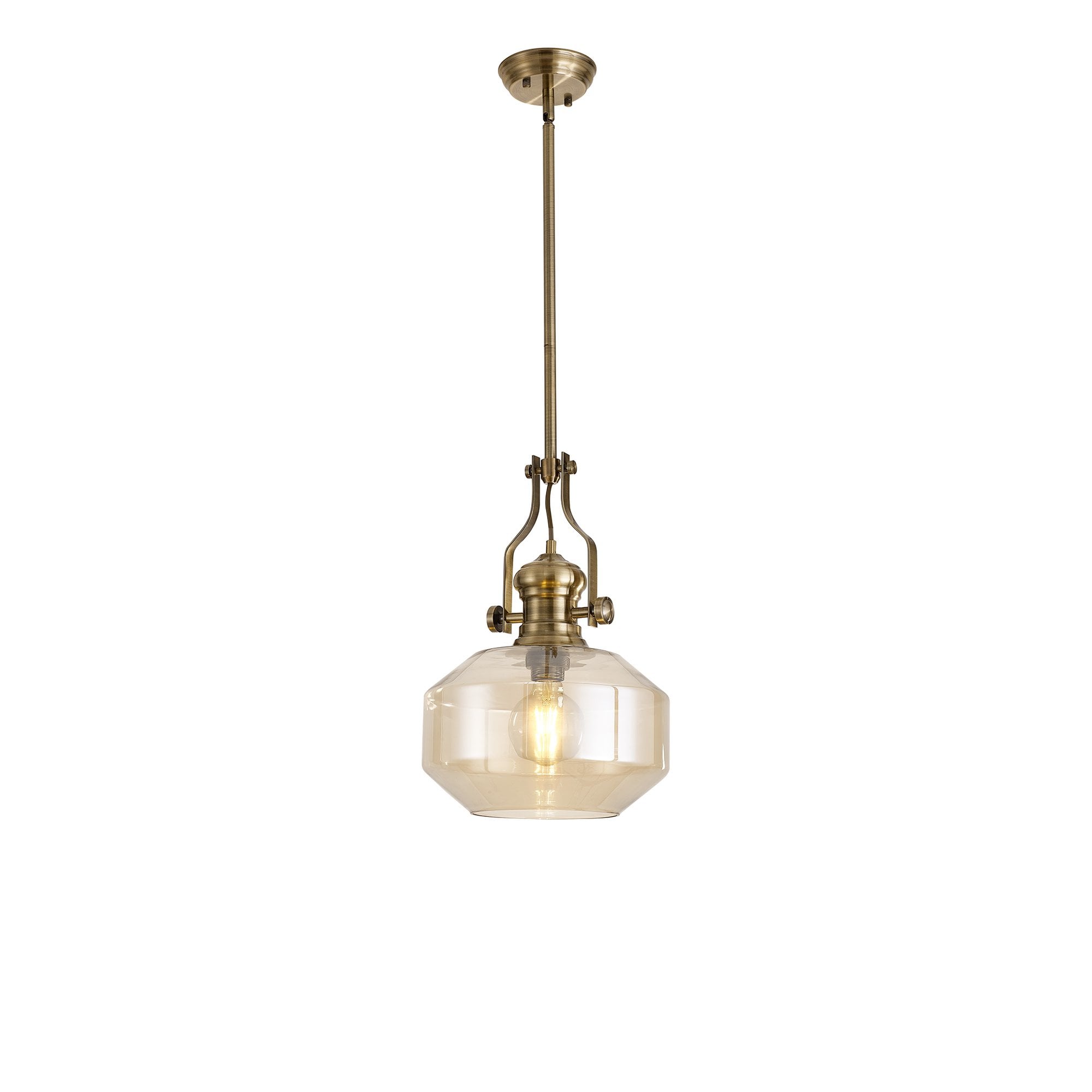 Fabula Epping Single Pendant - Round Champfered Glass Shade - Antique Brass & Cognac Glass