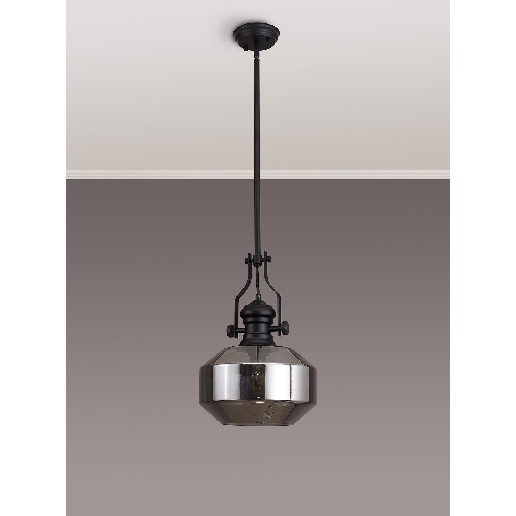 Fabula Epping Single Pendant - Round Champfered Glass Shade - Matt Black & Smoked Glass
