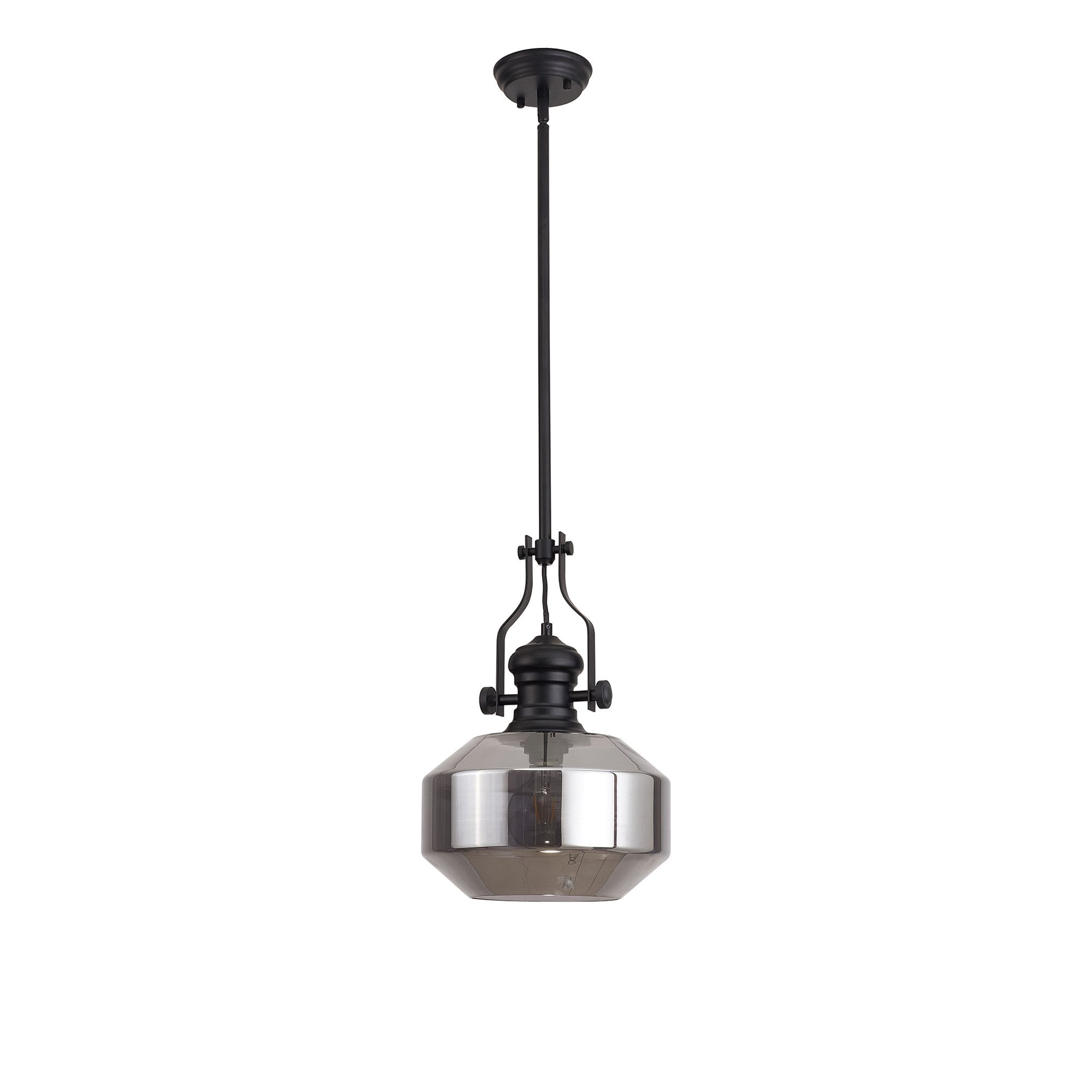 Fabula Epping Single Pendant - Round Champfered Glass Shade - Matt Black & Smoked Glass