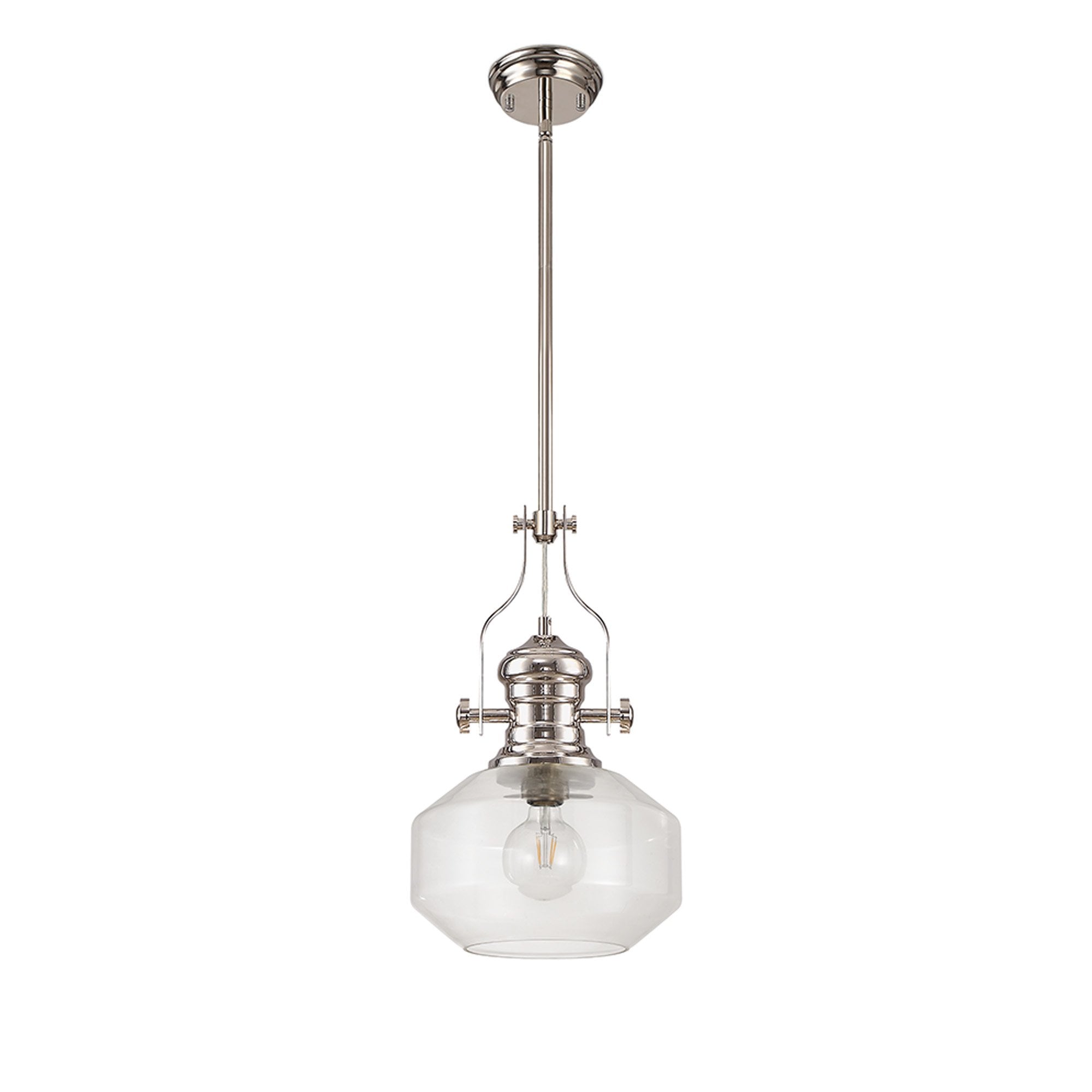Fabula Epping Single Pendant - Round Champfered Glass Shade - Polished Nickel & Clear Glass