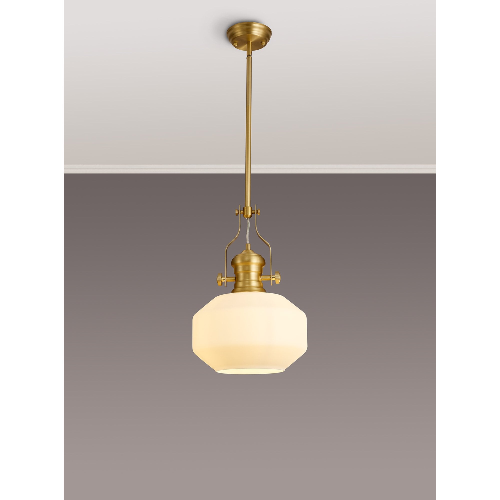 Fabula Epping Single Pendant - Round Champfered Glass Shade - Satin Gold & Opal Glass