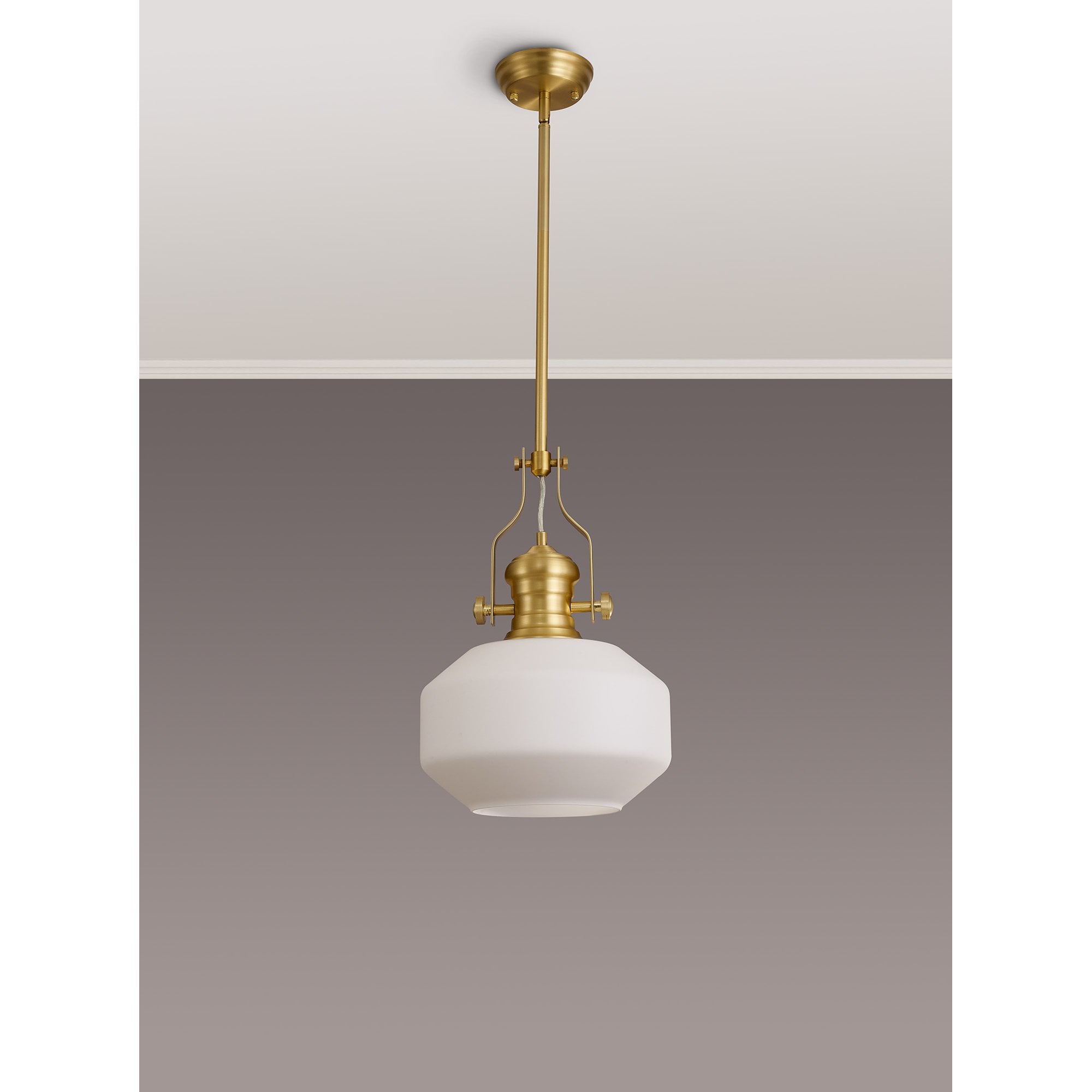 Fabula Epping Single Pendant - Round Champfered Glass Shade - Satin Gold & Opal Glass