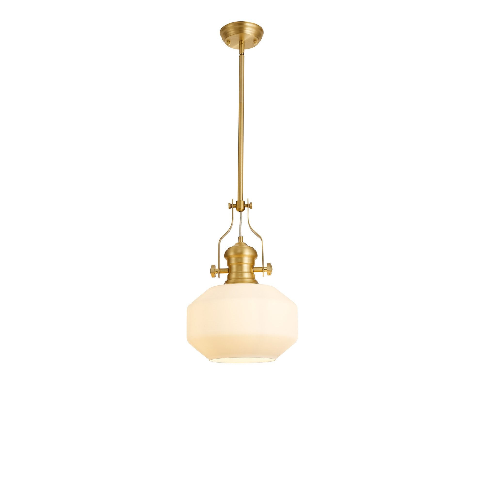 Fabula Epping Single Pendant - Round Champfered Glass Shade - Satin Gold & Opal Glass