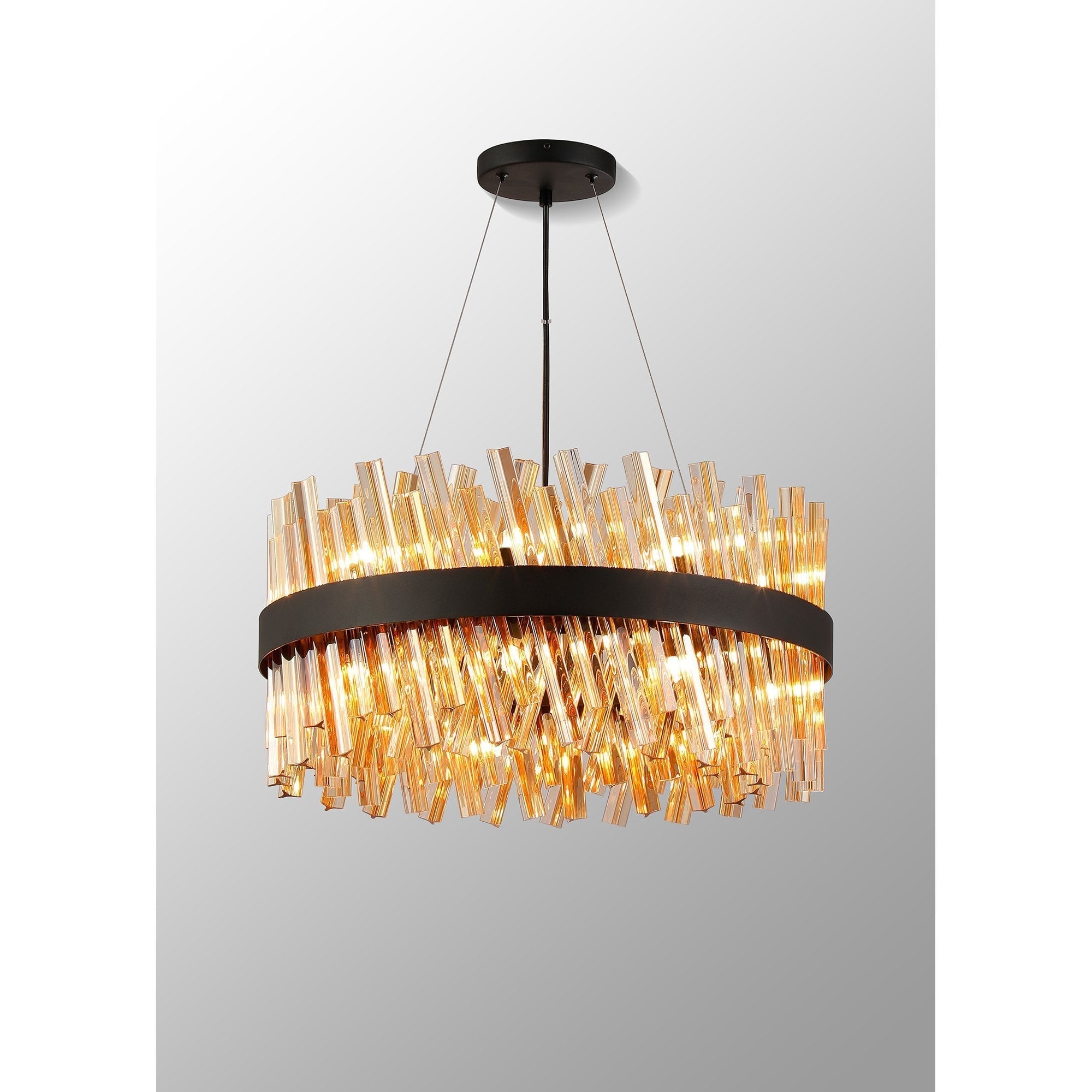 Fabula Farnley 18 Light Round Pendant - Satin Black & Amber Glass