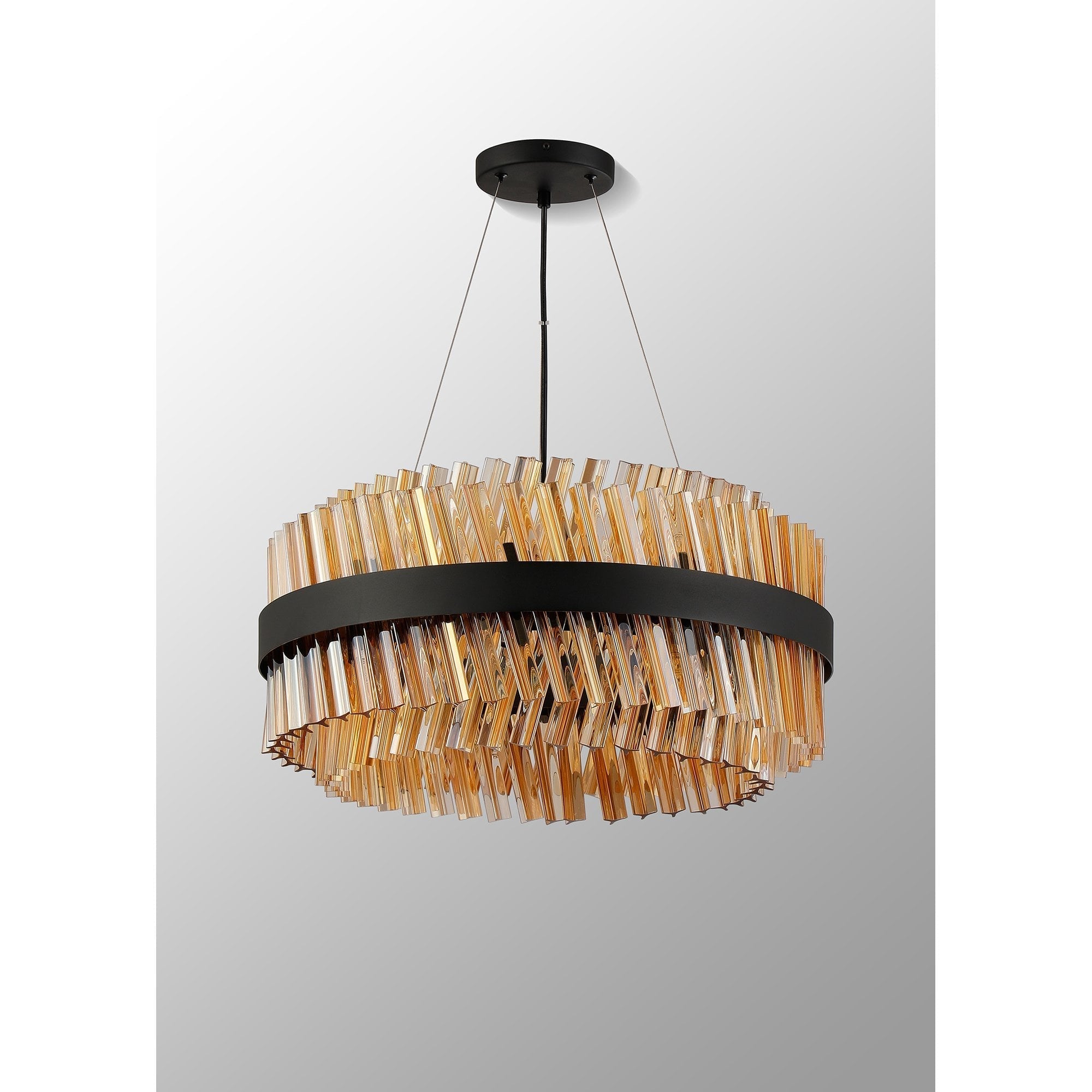 Fabula Farnley 18 Light Round Pendant - Satin Black & Amber Glass