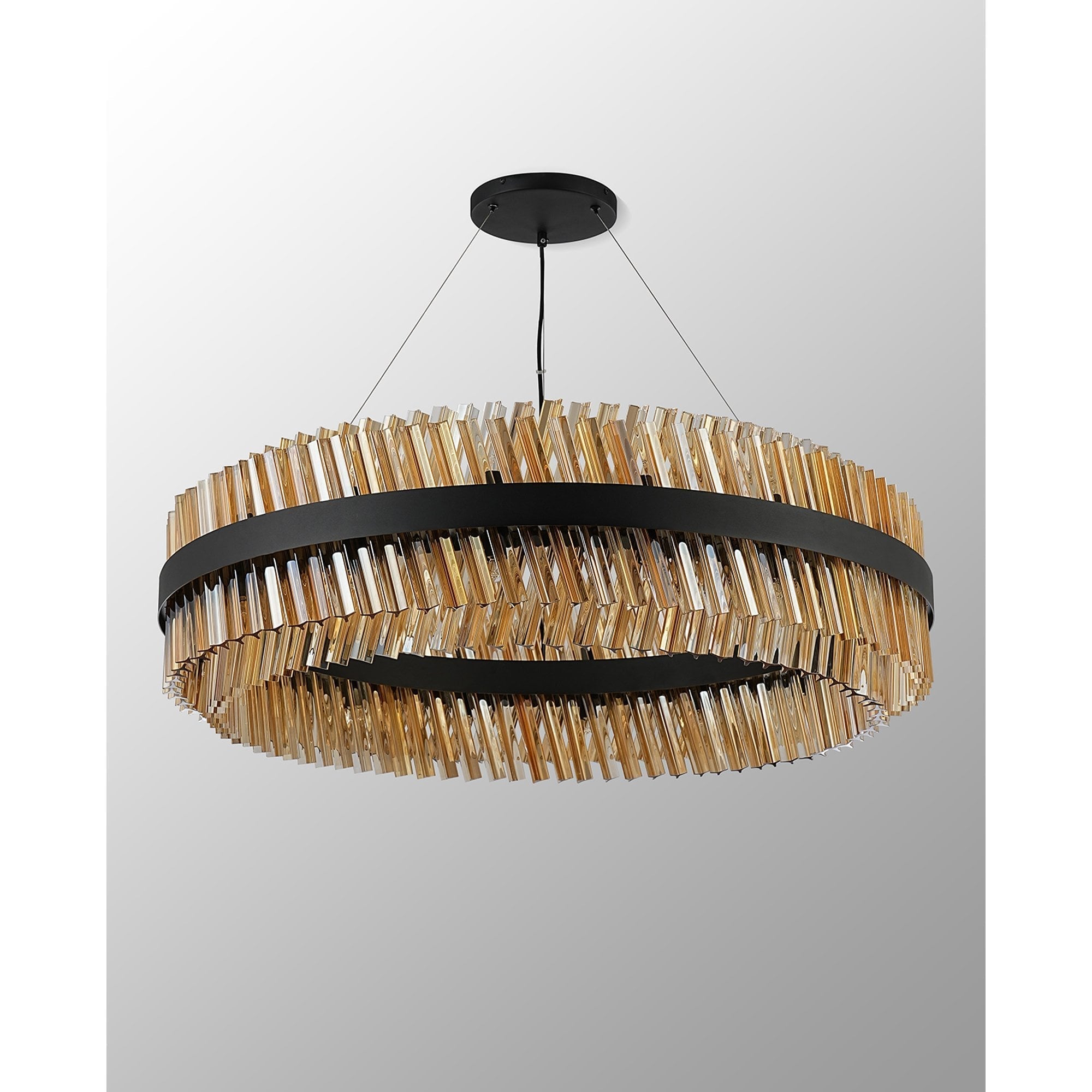 Fabula Farnley 32 Light Round Pendant - Satin Black & Amber Glass