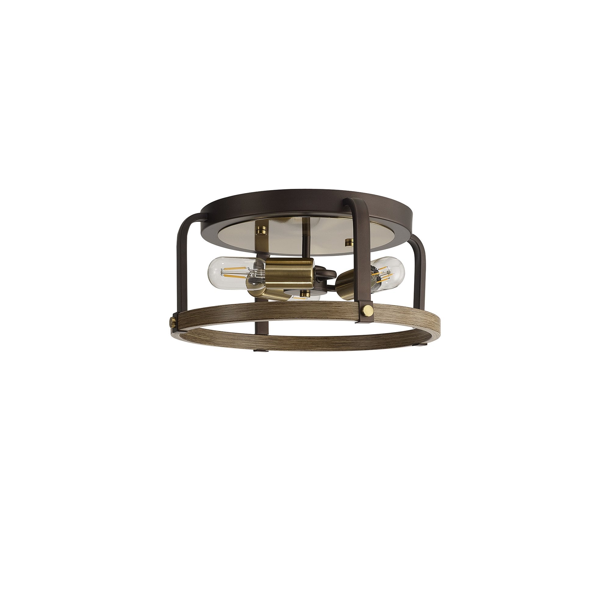 Fabula Faversham 3 Light Round Flush Light - Antique Bronze, Brown Oxide & Wood