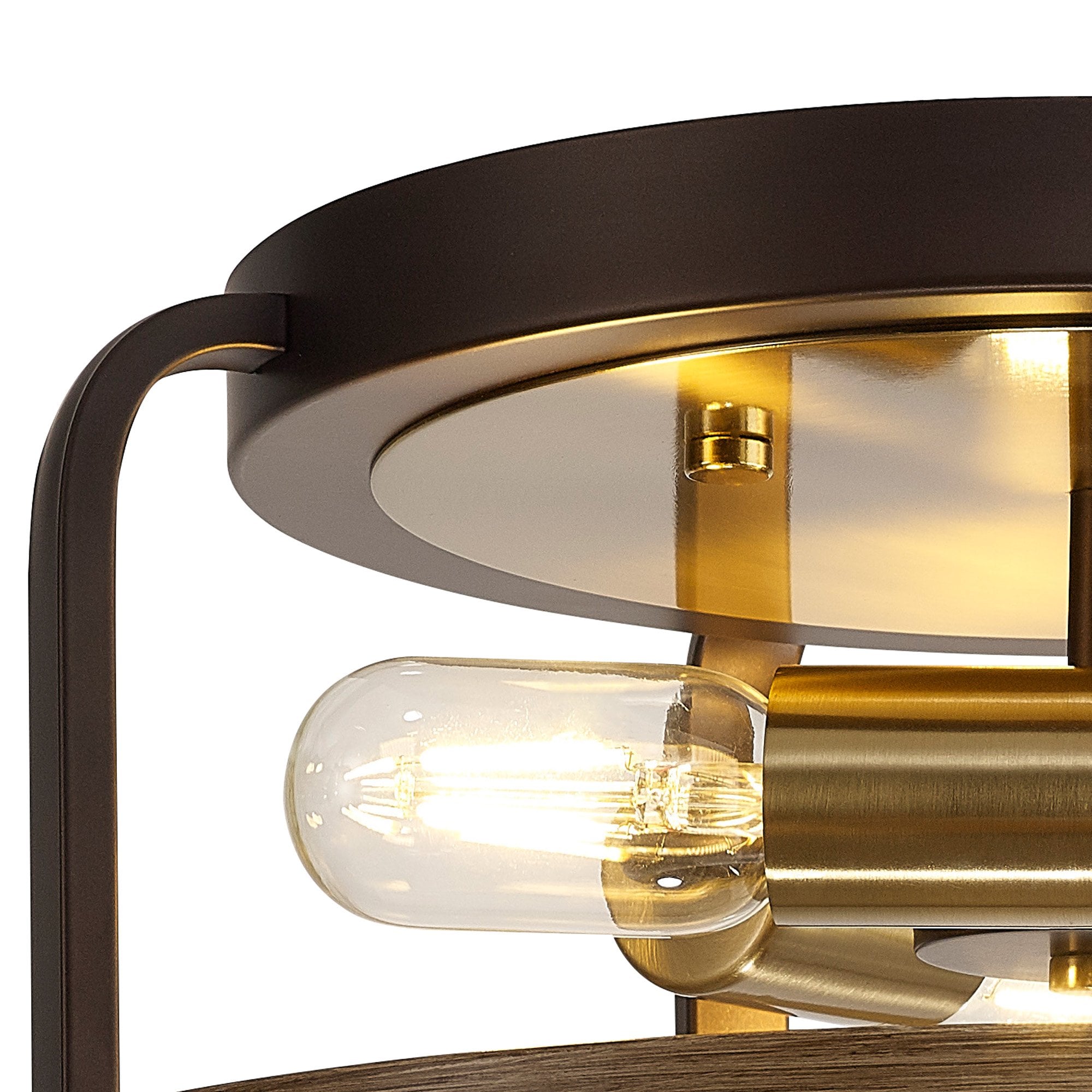 Fabula Faversham 3 Light Round Flush Light - Antique Bronze, Brown Oxide & Wood