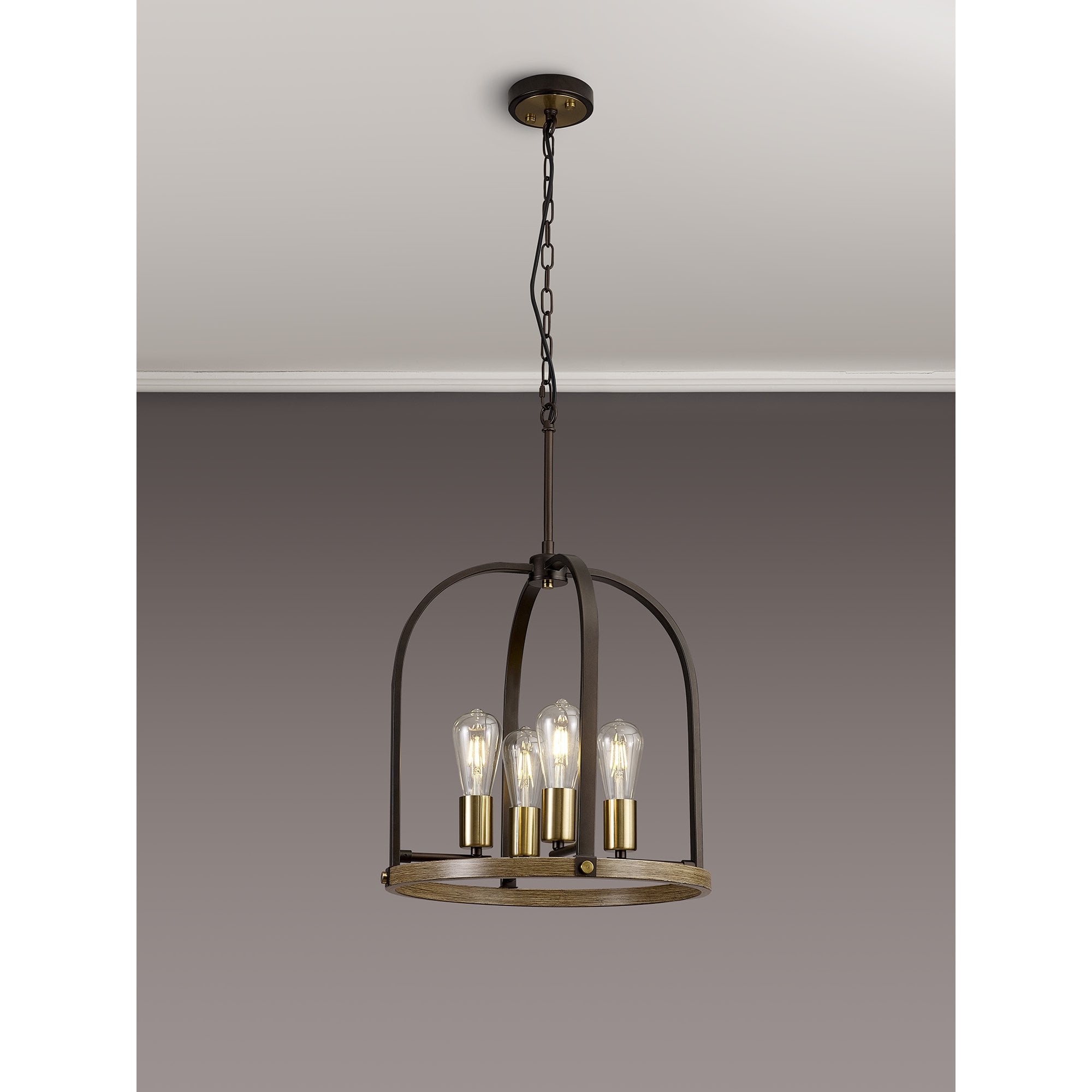 Fabula Faversham 4 Light Round Pendant - Antique Bronze, Brown Oxide & Wood